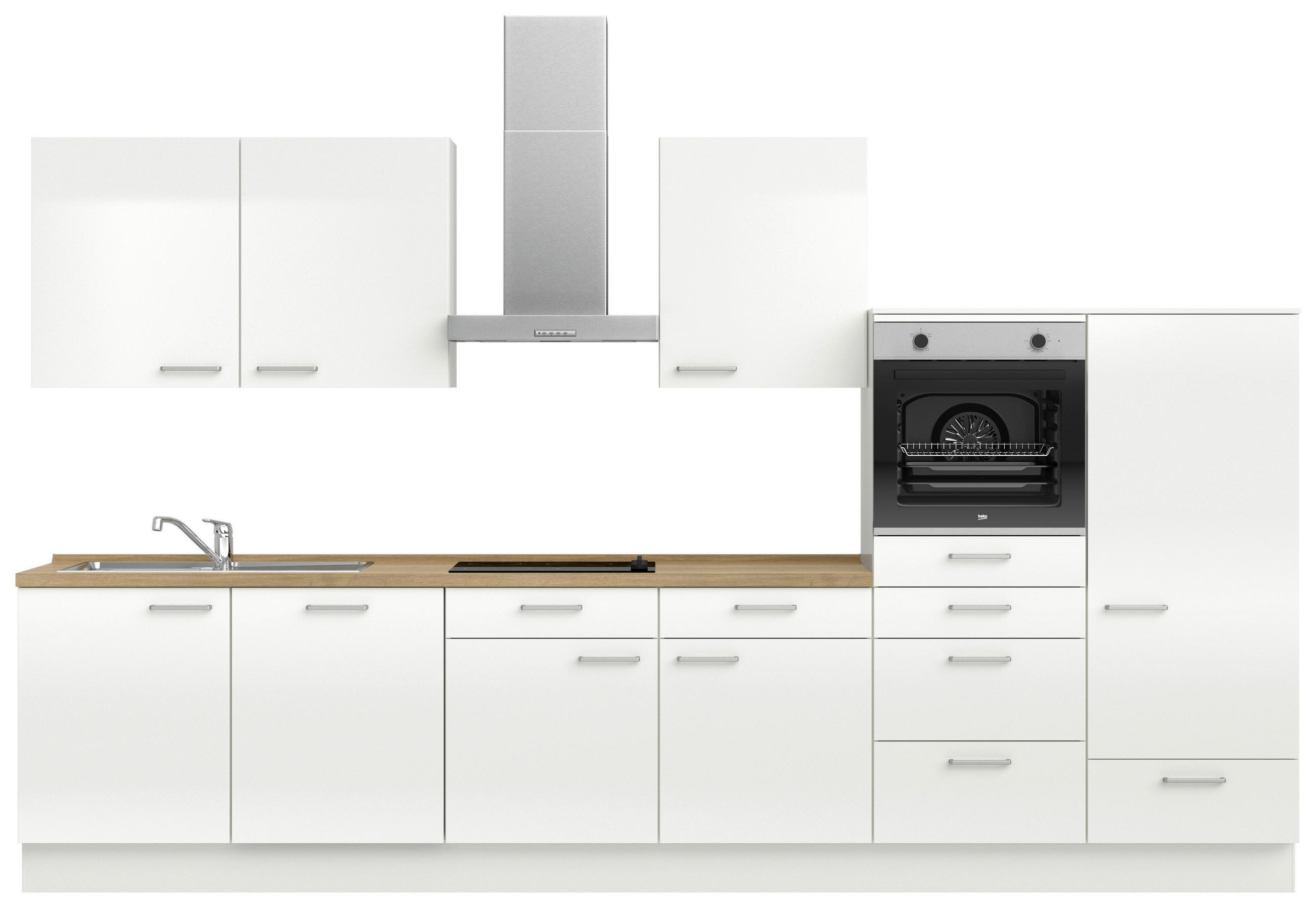 KÜCHENLEERBLOCK 360 cm   in Eichefarben, Weiß Hochglanz  - Edelstahlfarben/Eichefarben, MODERN, Holzwerkstoff/Metall (360cm) - Nobilia