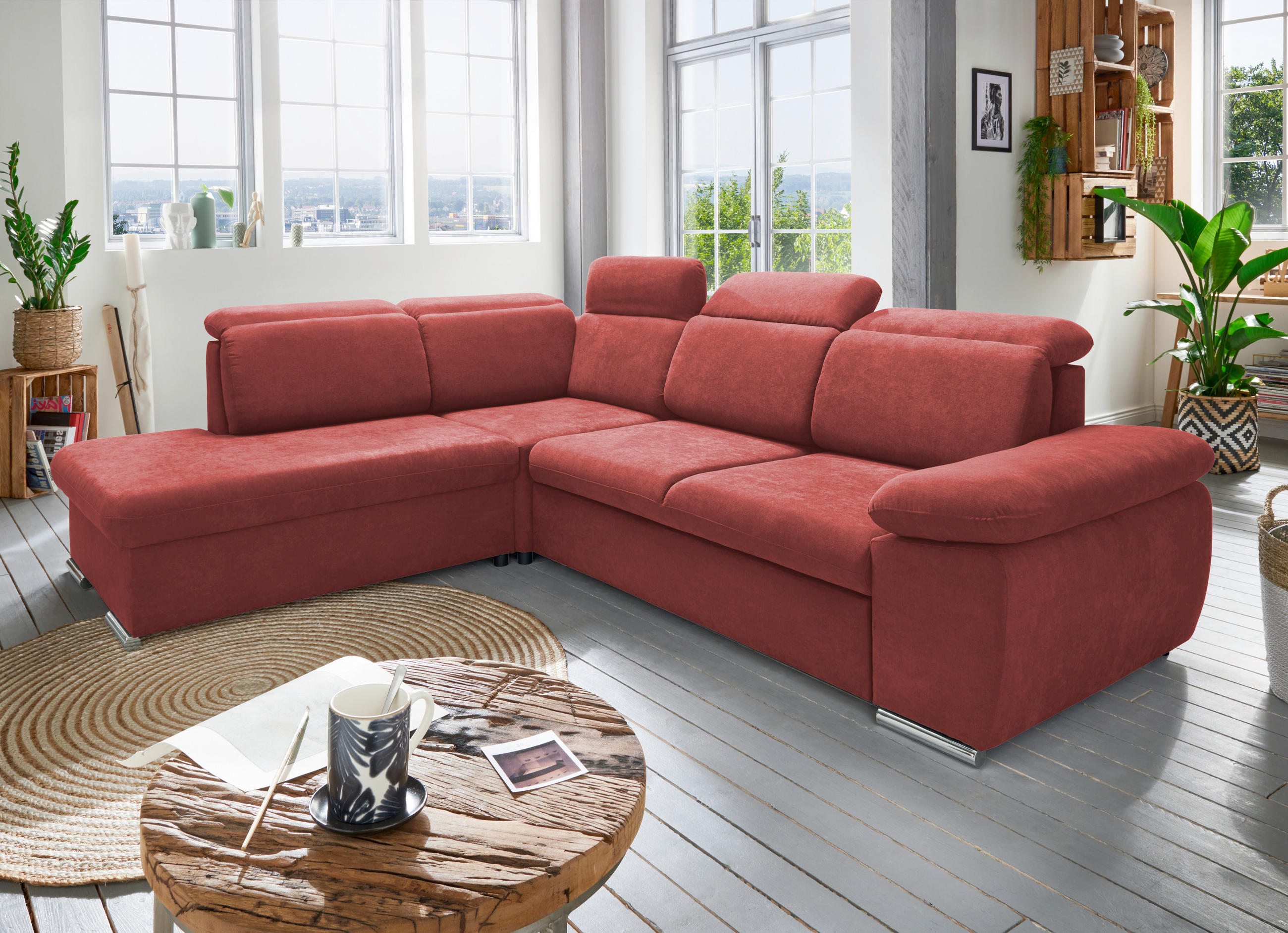 ECKSOFA Mikrofaser Rot  - Chromfarben/Rot, Design, Textil/Metall (228/283cm) - Livetastic