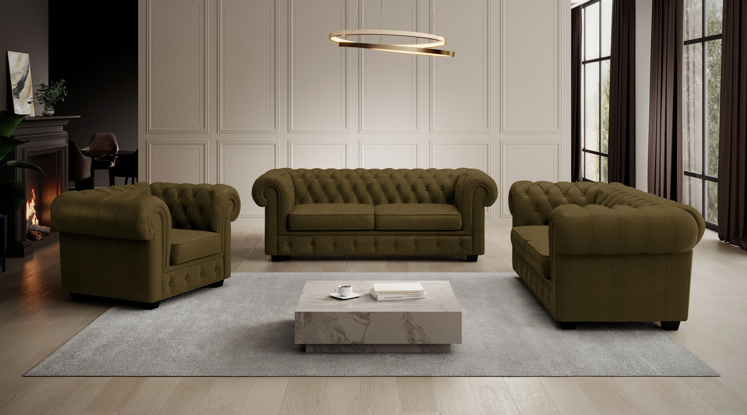 CHESTERFIELD-SOFA in Webstoff Khaki  - Wengefarben/Khaki, LIFESTYLE, Holz/Textil (206/76,5/96cm) - Landscape