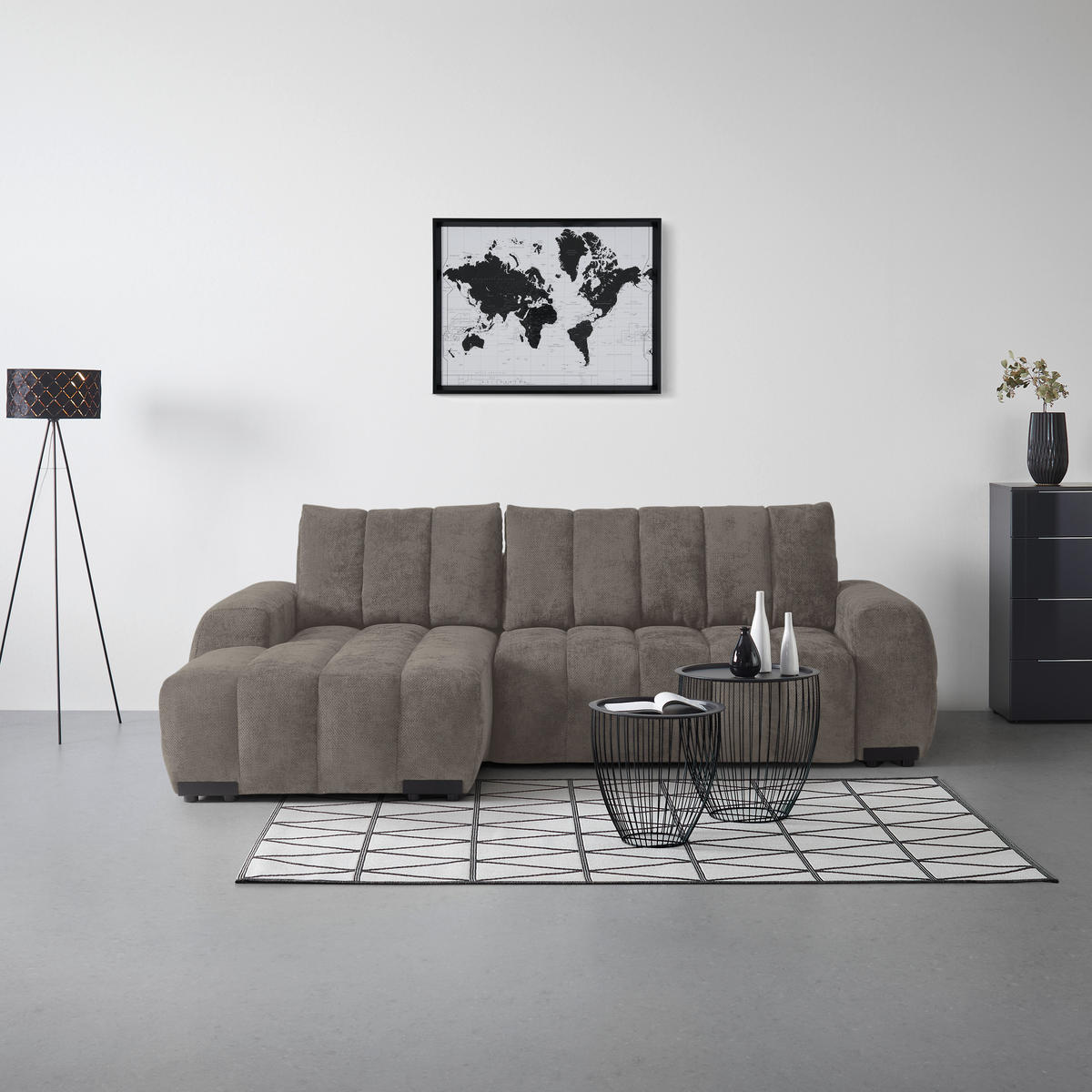 ECKSOFA Flachgewebe Graubraun  - Schwarz Hochglanz/Graubraun, Modern, Textil/Metall (166/93/273cm) - MID.YOU