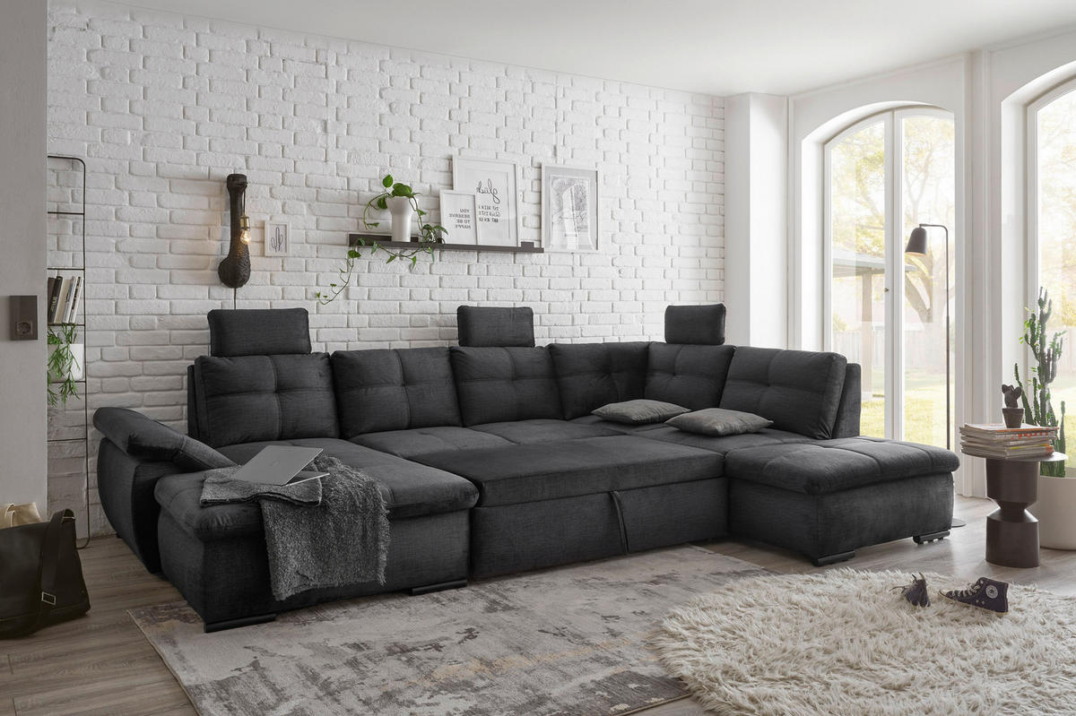 WOHNLANDSCHAFT in Mikrovelours Schwarz  - Schwarz, KONVENTIONELL, Kunststoff/Textil (127/334/217cm) - Carryhome