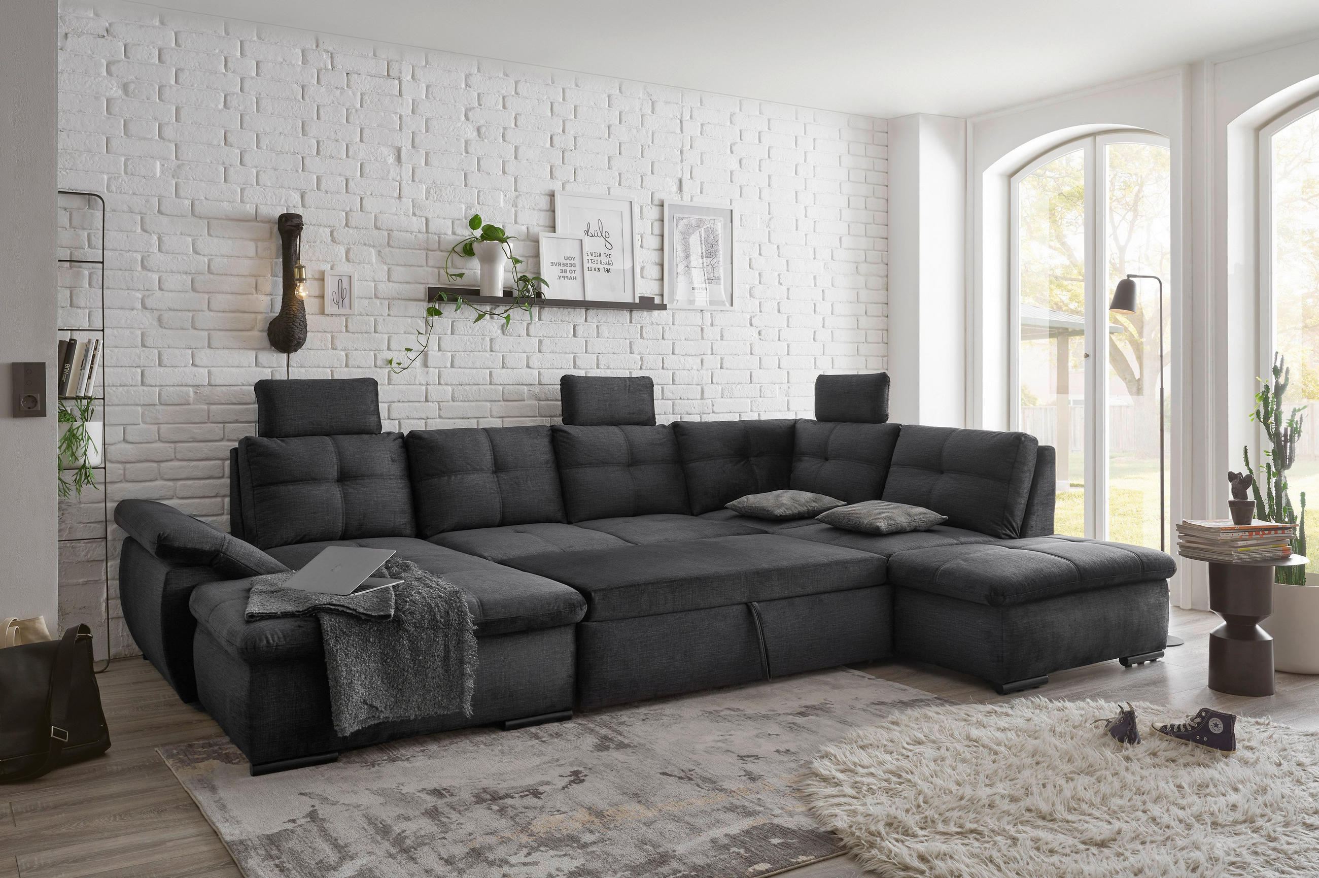 Thumbnail - Carryhome Wohnlandschaft, Schwarz, Textil, 7-Sitzer, Füllung: Schaumstoffflocken, Ottomane rechts, U-Form, 334x217 cm, T...