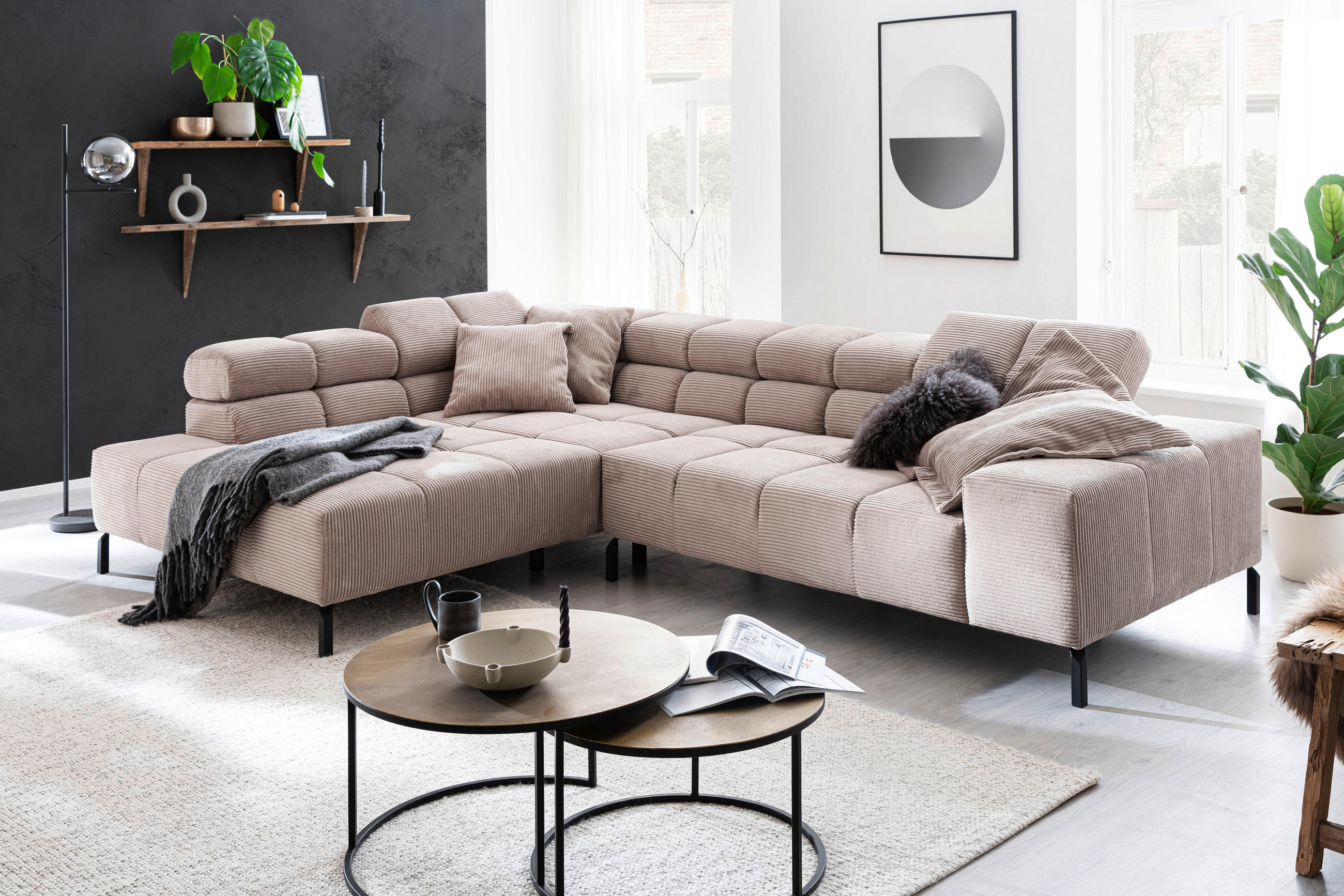 ECKSOFA in Cord Taupe - Taupe/Schwarz, Design, Textil/Metall (216/321cm) - Hom`in