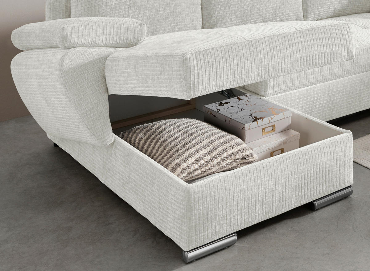 WOHNLANDSCHAFT Creme Mikrofaser  - Chromfarben/Creme, KONVENTIONELL, Textil/Metall (157/305/219cm) - Livetastic