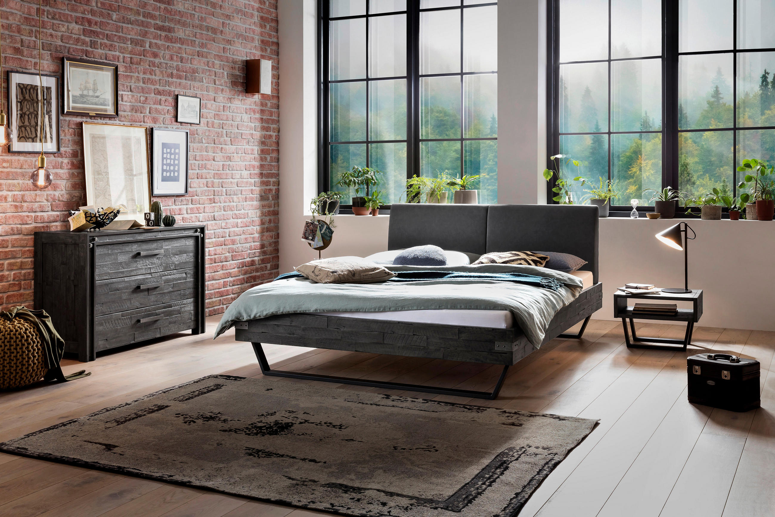 BETT 160/200 cm  in Anthrazit, Grau, Akaziefarben  - Anthrazit/Grau, MODERN, Holz/Textil (160/200cm) - Hasena