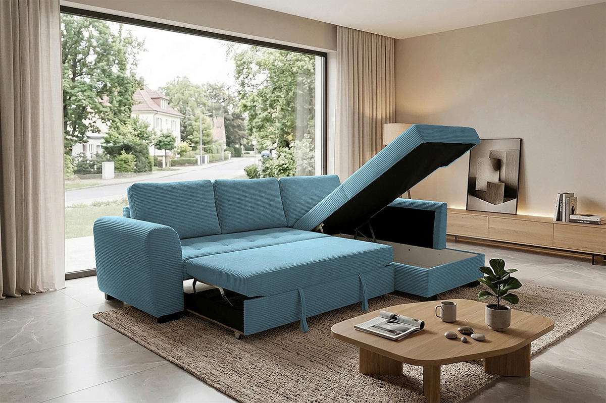 ECKSOFA JOHN Hellblau Cord Rückenkissen, Bettkasten, Liegefläche im Originalstoff  - Schwarz/Hellblau, Trend, Kunststoff/Textil (239/178cm) - P & B