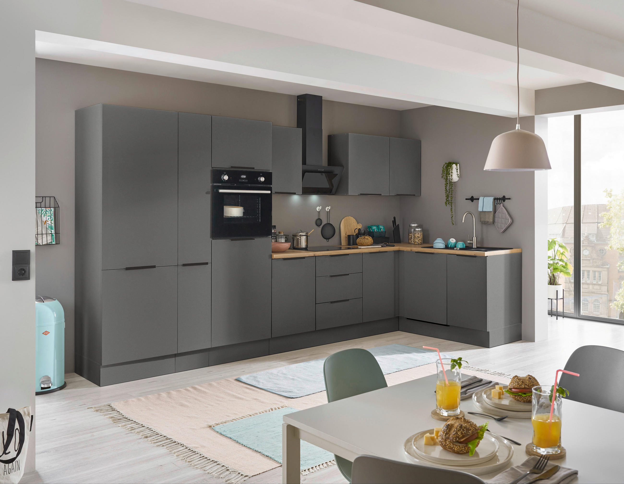 ECKKÜCHE 370/175 cm  in Graphitfarben  - Schwarz/Graphitfarben, Basics, Holzwerkstoff/Metall (370/175cm) - Carryhome