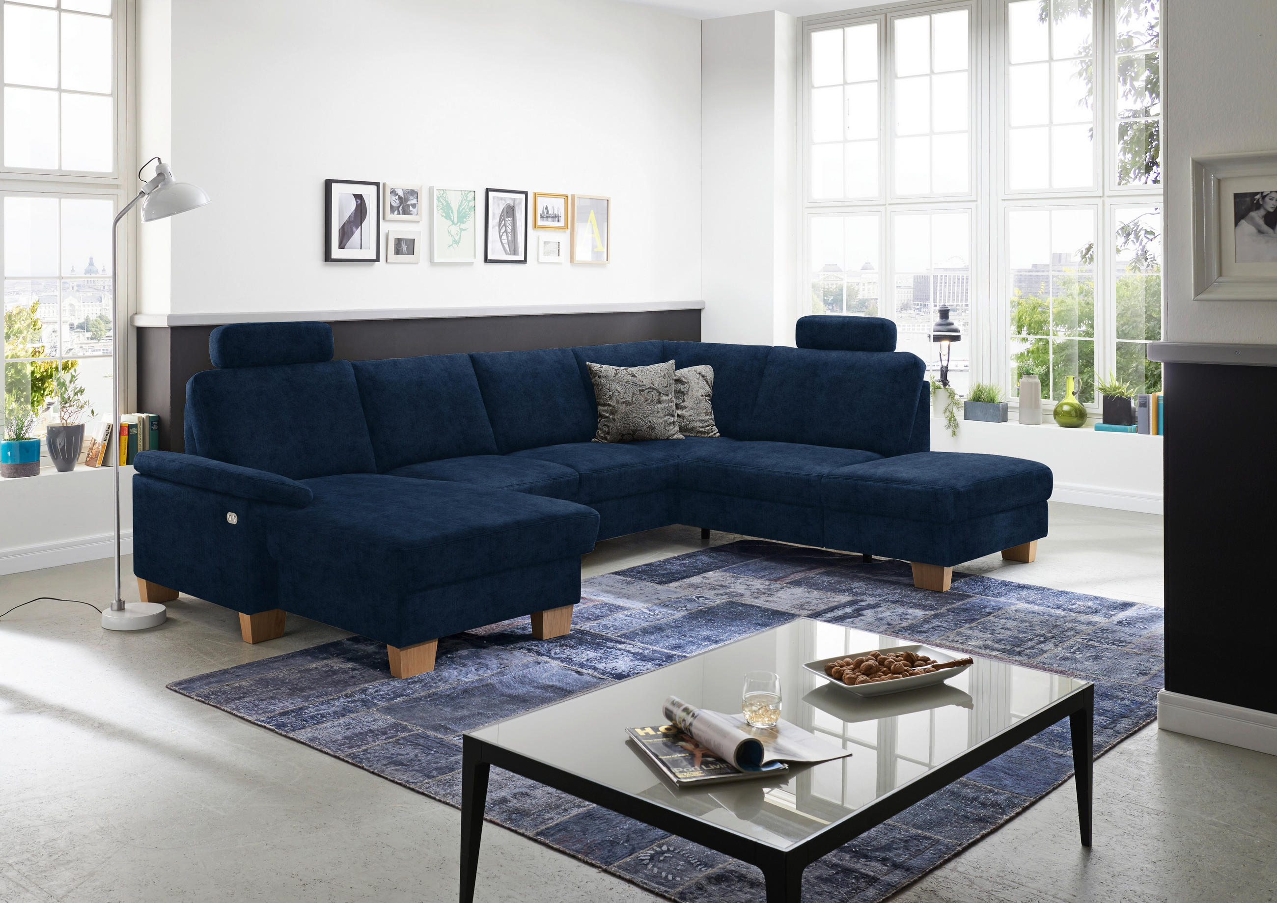 WOHNLANDSCHAFT in Velours Dunkelblau  - Eichefarben/Dunkelblau, Konventionell, Holz/Textil (167/316/235cm) - Beldomo System