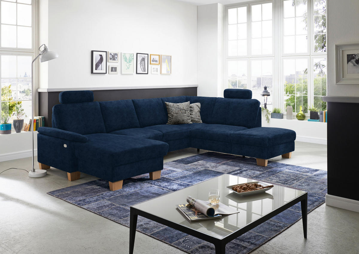 WOHNLANDSCHAFT in Velours Dunkelblau  - Eichefarben/Dunkelblau, Konventionell, Holz/Textil (167/316/235cm) - Beldomo System
