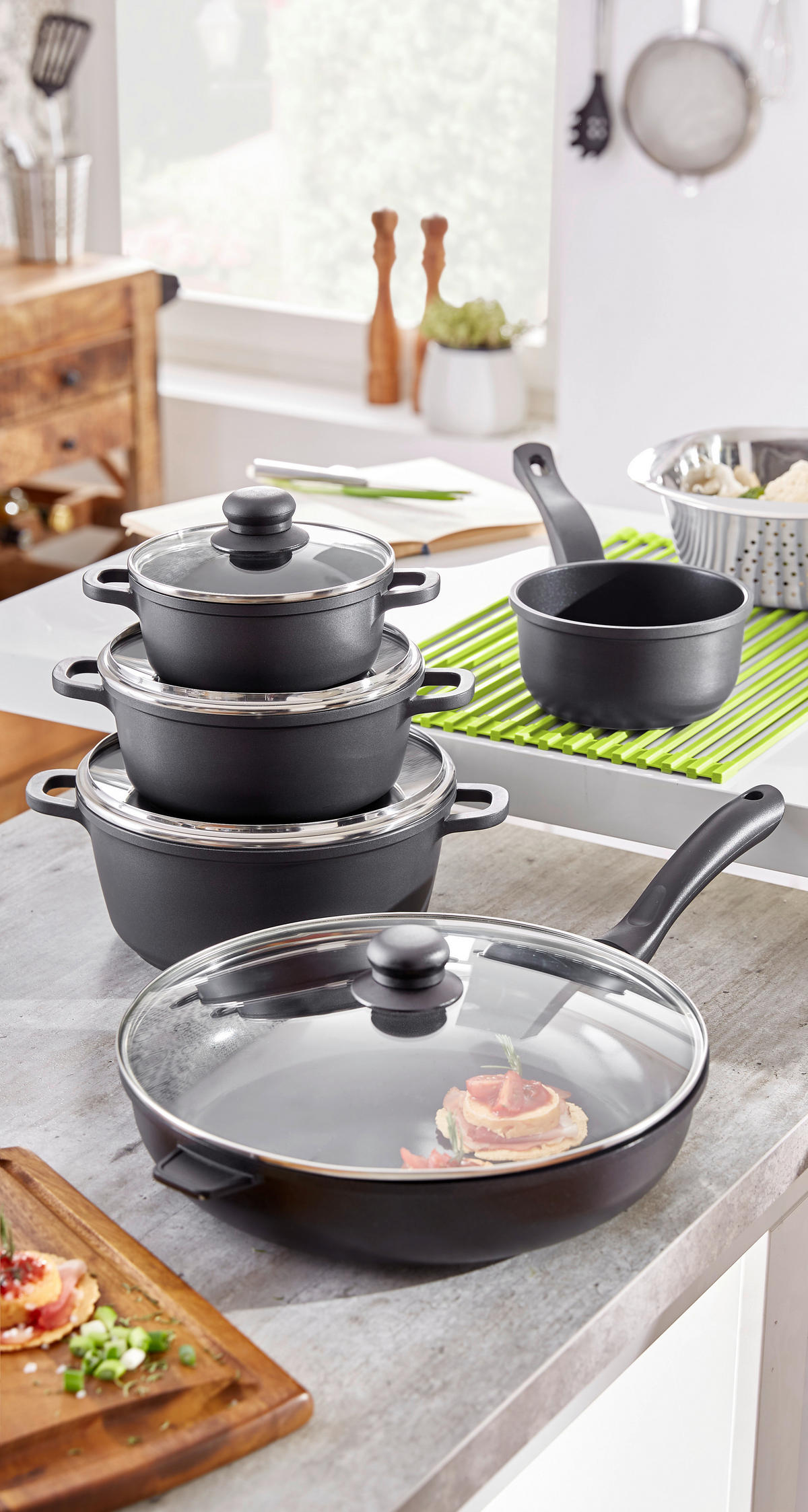 SET LONACA ZA KUHANJE Turin  aluminij, oplemenjeni čelik  5-dijelni  Turin  - boje oplemenjenog čelika/prozirno, Konvencionalno, staklo/metal - Homeware Profession.