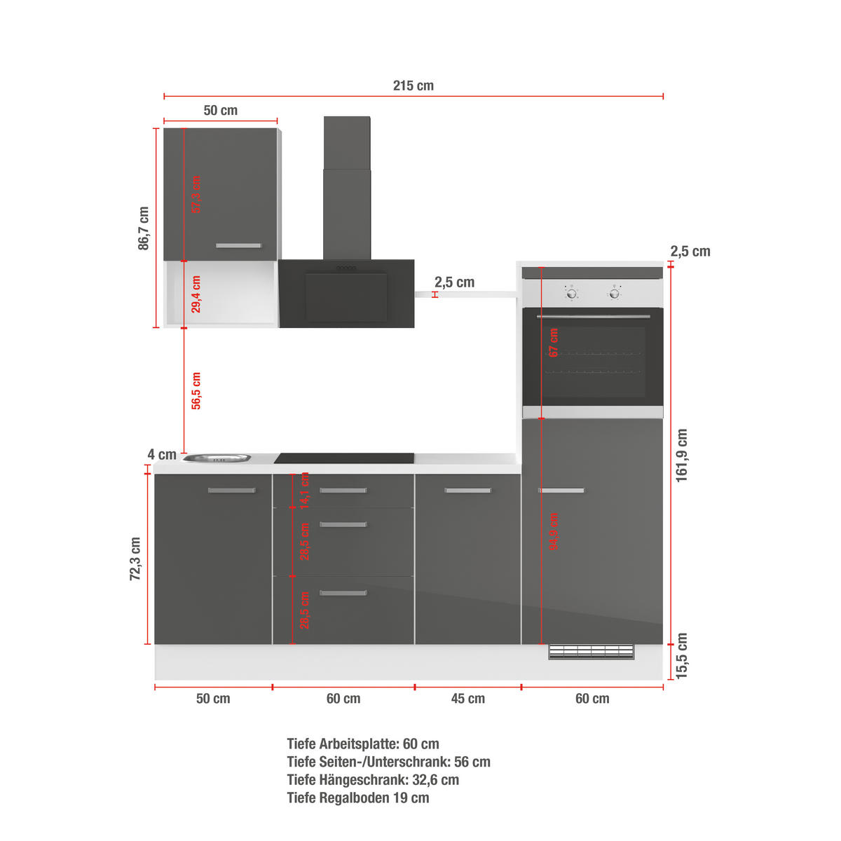 KÜCHENLEERBLOCK 215 cm   in Rot  - Edelstahlfarben/Rot, Design, Holzwerkstoff/Metall (215cm) - Impuls