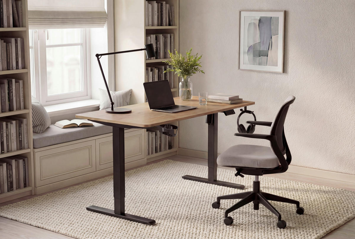 SCHREIBTISCH 120/60/70-115 cm Schwarz, Plankeneiche höhenverstellbar, Memoryschalter, Getränkehalter, Headsethalter elektrisch höhenverstellbar  - Plankeneiche/Schwarz, Modern, Holzwerkstoff/Kunststoff (120/60/70-115cm) - Livetastic