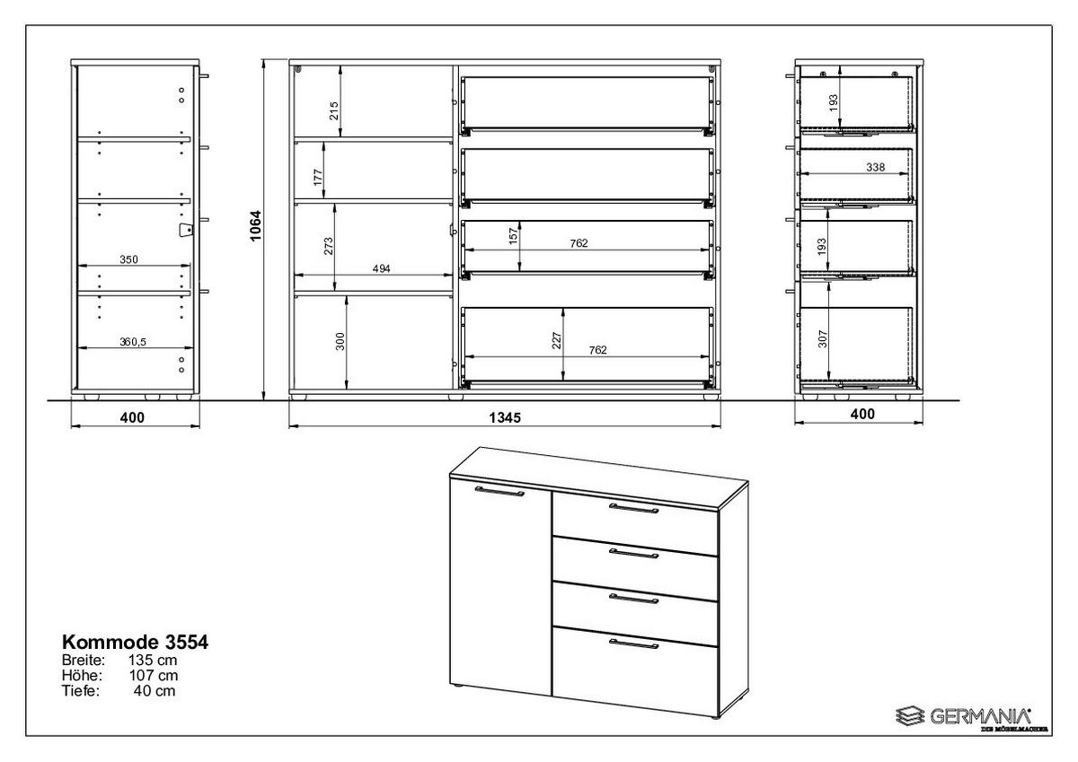 KOMMODE  in 135/107/40 cm  - Chromfarben/Schwarz, MODERN, Holzwerkstoff/Kunststoff (135/107/40cm) - Germania