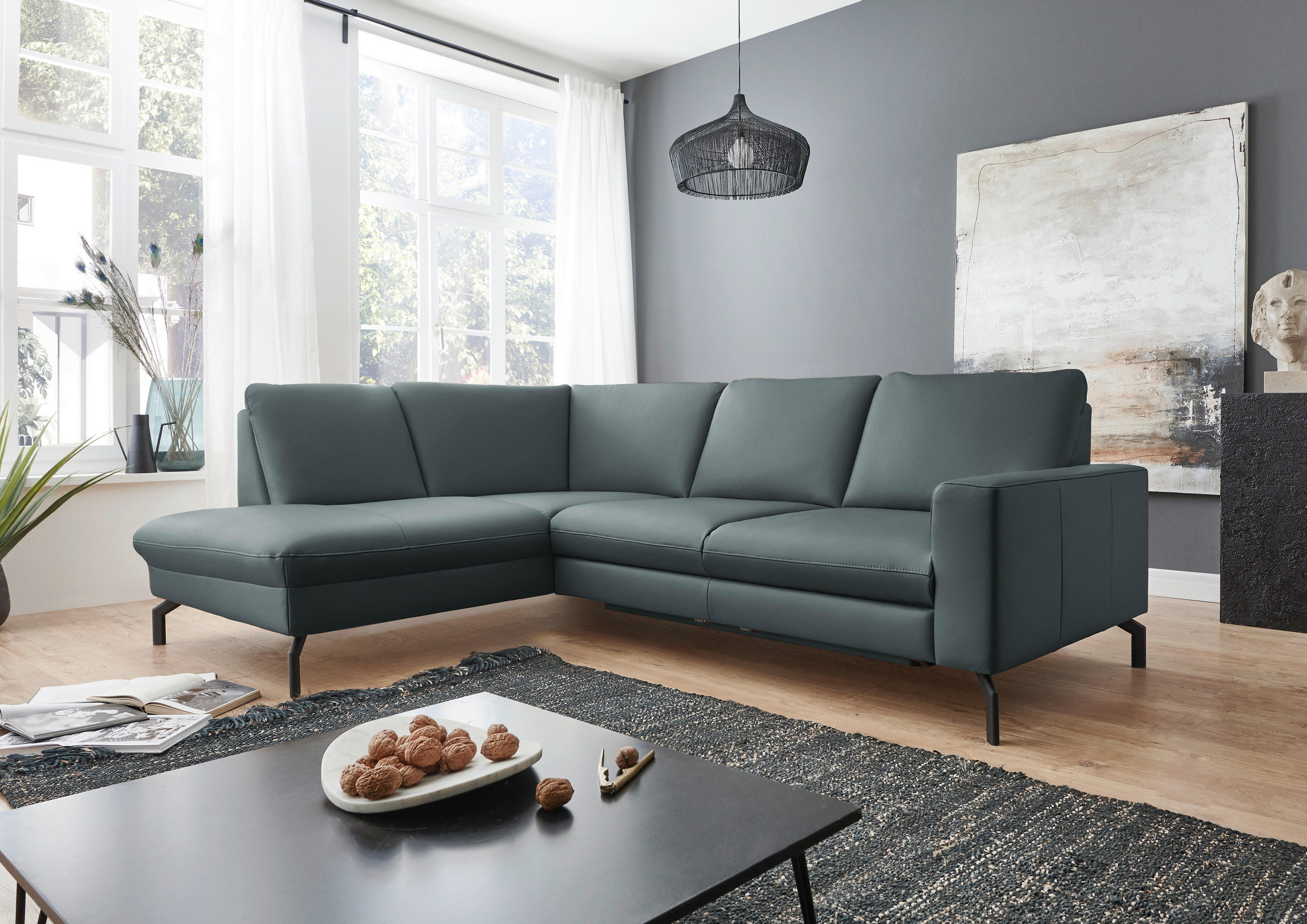 ECKSOFA in Echtleder Blaugrau  - Blaugrau/Schwarz, Design, Leder/Metall (194/250cm) - Beldomo Premium