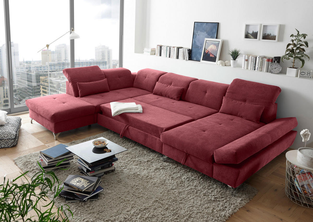 WOHNLANDSCHAFT  in Mikrovelours Beere  - Beere/Silberfarben, MODERN, Textil/Metall (245/350/168cm) - MID.YOU