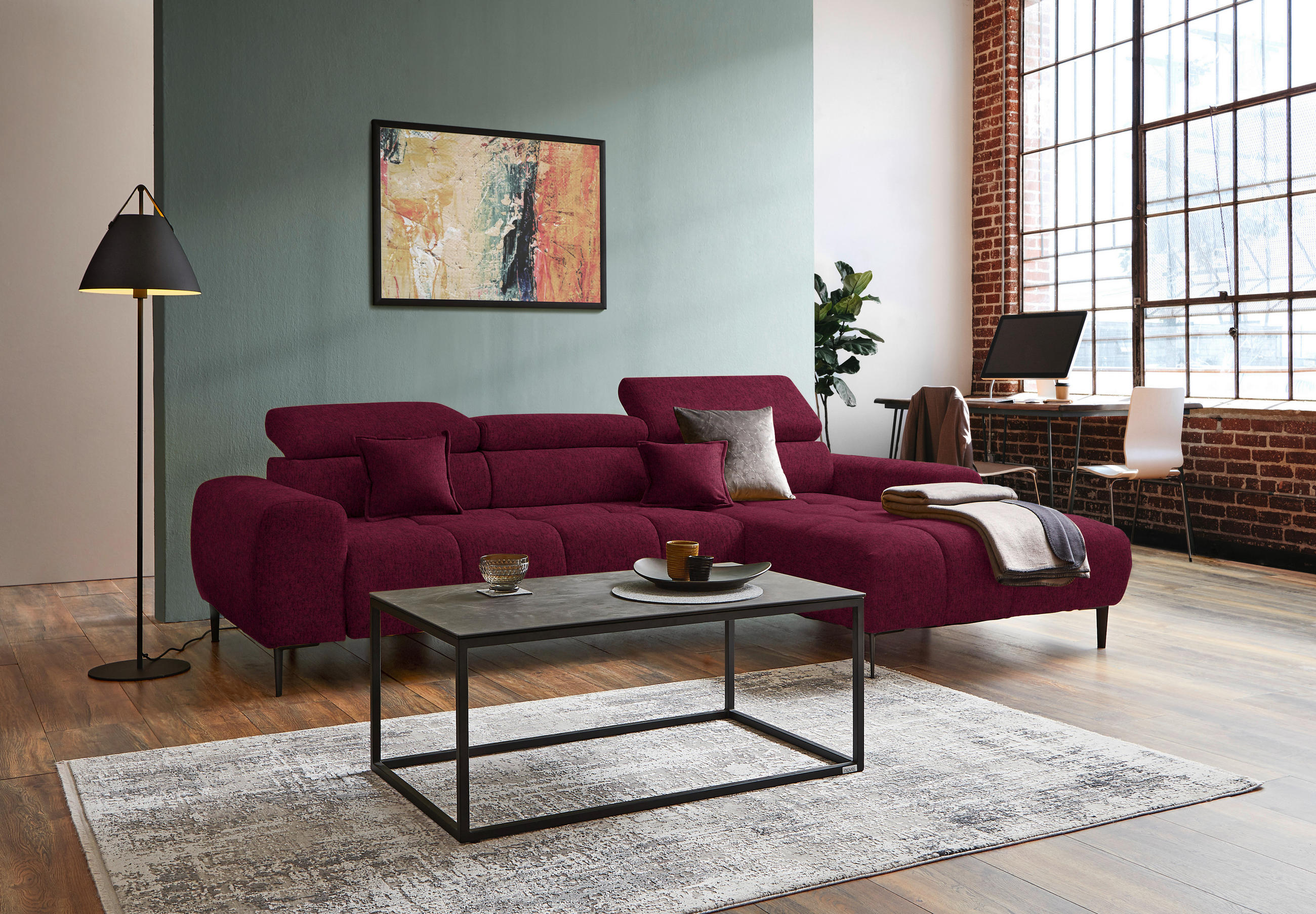 ECKSOFA in Samt, Webstoff Bordeaux  - Bordeaux/Schwarz, Design, Textil/Metall (270/177cm) - Welnova
