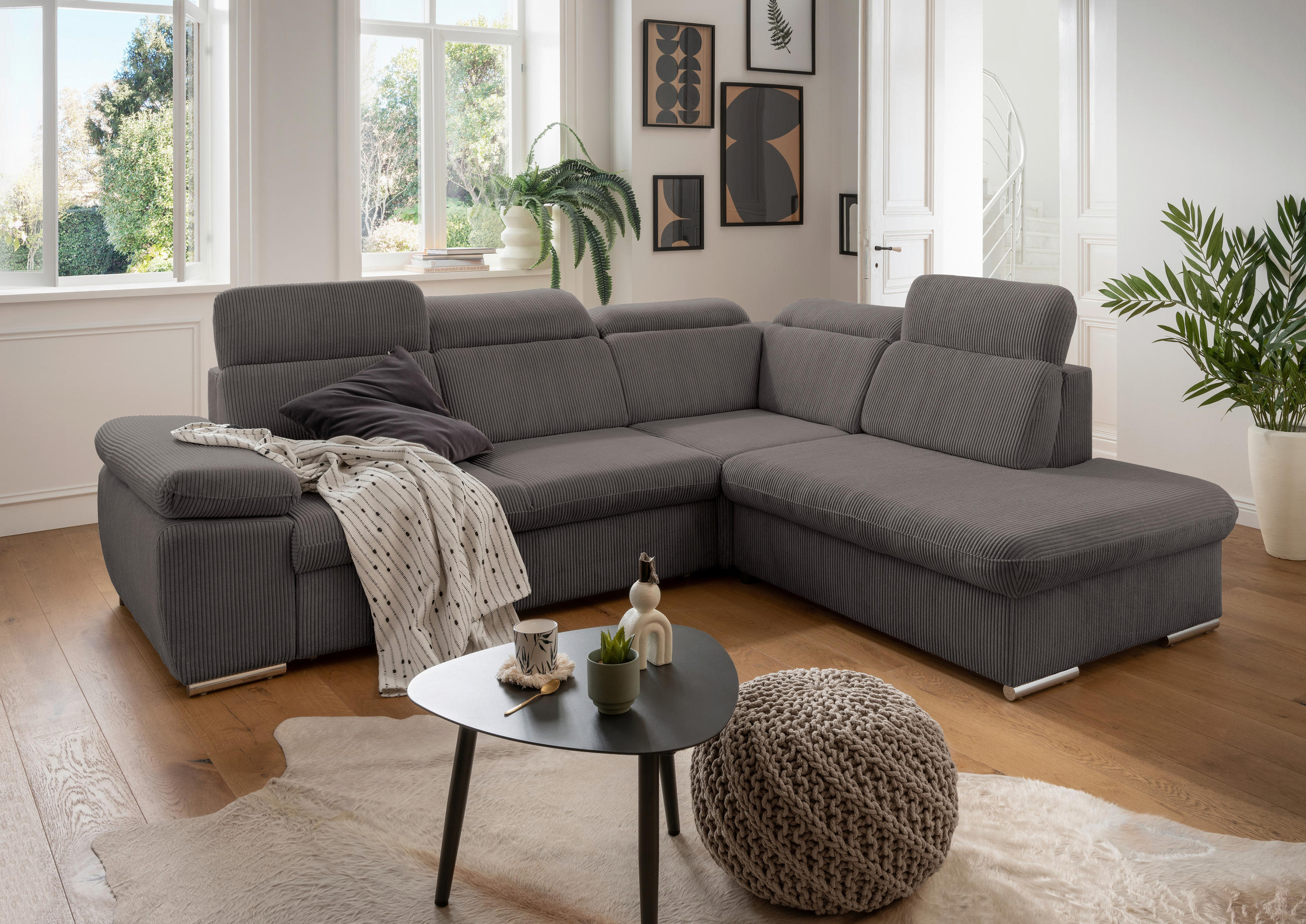 ECKSOFA in Cord Grau - Chromfarben/Grau, Design, Textil/Metall (283/228cm) - Livetastic