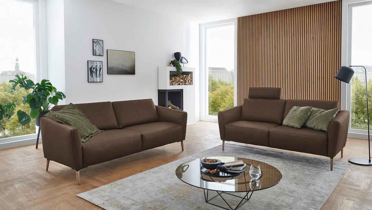 2-SITZER-SOFA Echtleder Braun  - Eichefarben/Beige, Natur, Leder/Holz (207/86/87cm) - Valnatura