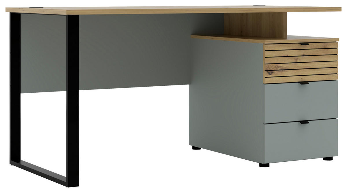 SCHREIBTISCH 150/77/73 cm Schwarz, Eiche Artisan, Schilfgrün  - Schilfgrün/Schwarz, KONVENTIONELL, Holzwerkstoff/Metall (150/77/73cm) - Voleo