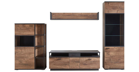 WOHNWAND in Grau, Eichefarben - Eichefarben/Schwarz, KONVENTIONELL, Glas/Holzwerkstoff (319,5/206,2/50cm) - Cantus