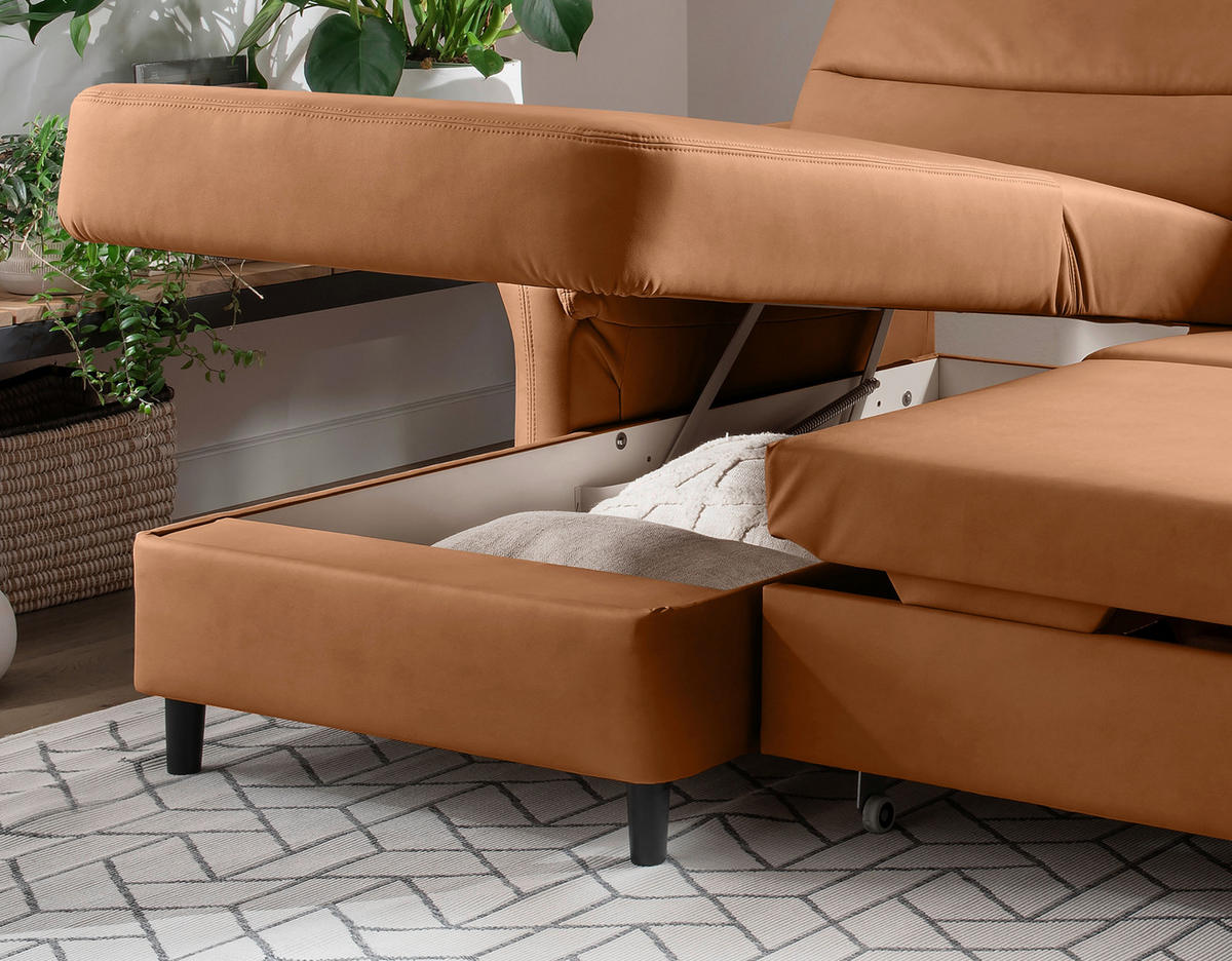 ECKSOFA in Lederlook Cognac  - Cognac/Schwarz, Modern, Holz/Textil (176/279cm) - Livetastic