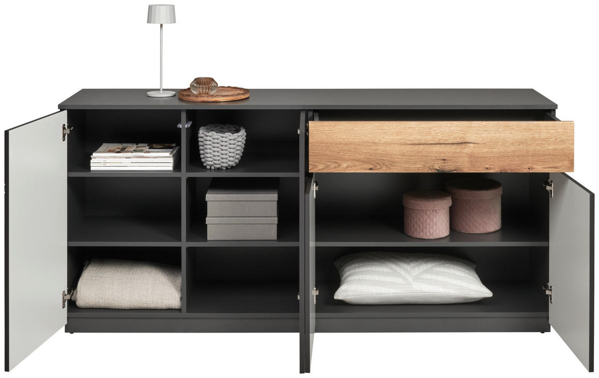 SIDEBOARD 180/85/42 cm couleur graphite, couleur de chêne  - couleur graphite/couleur de chêne, Konventionell, matériau de bois (180/85/42cm) - Carryhome