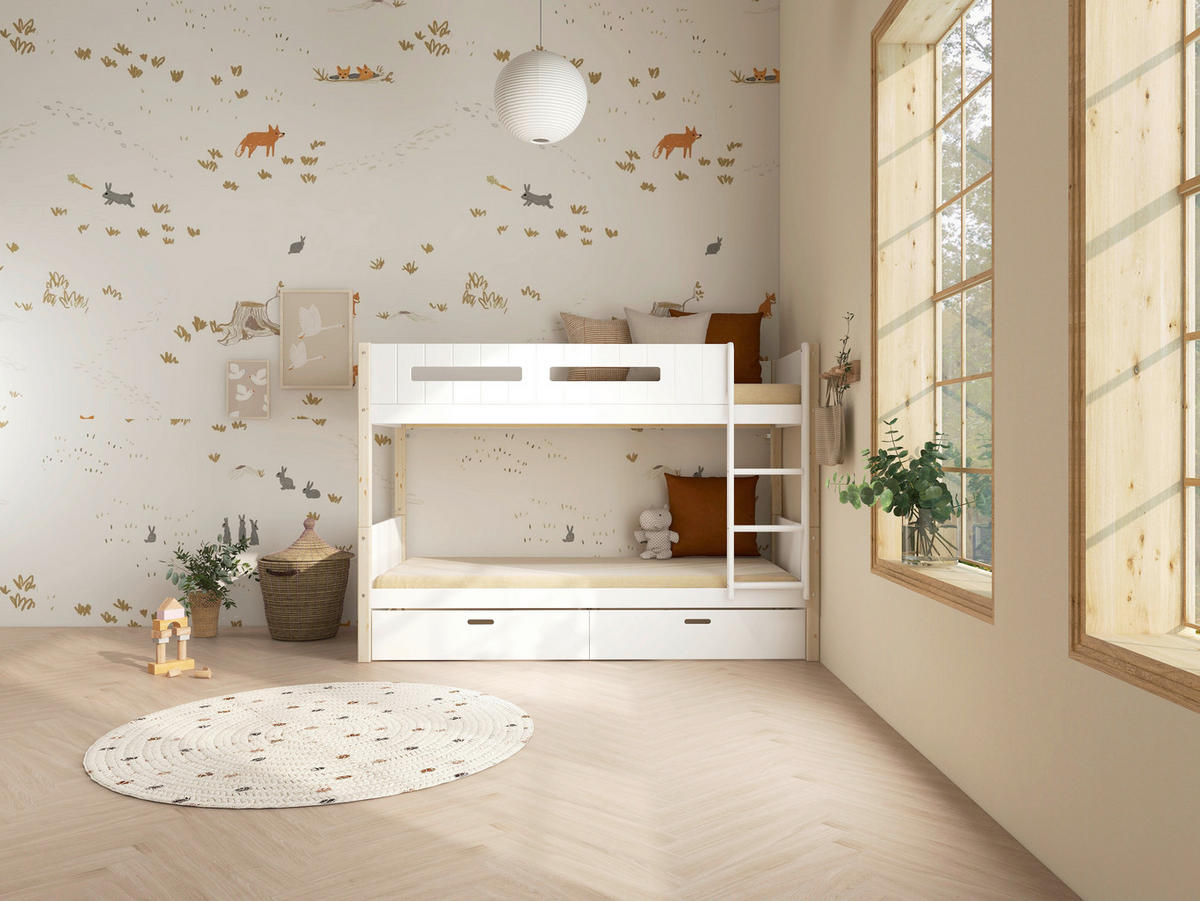 ETAGENBETT 90/200 cm,  in Absturzsicherung, Leiter, Rollroste, Bettschublade  - Naturfarben/Weiß, MODERN, Holz (90/200cm) - Chameo