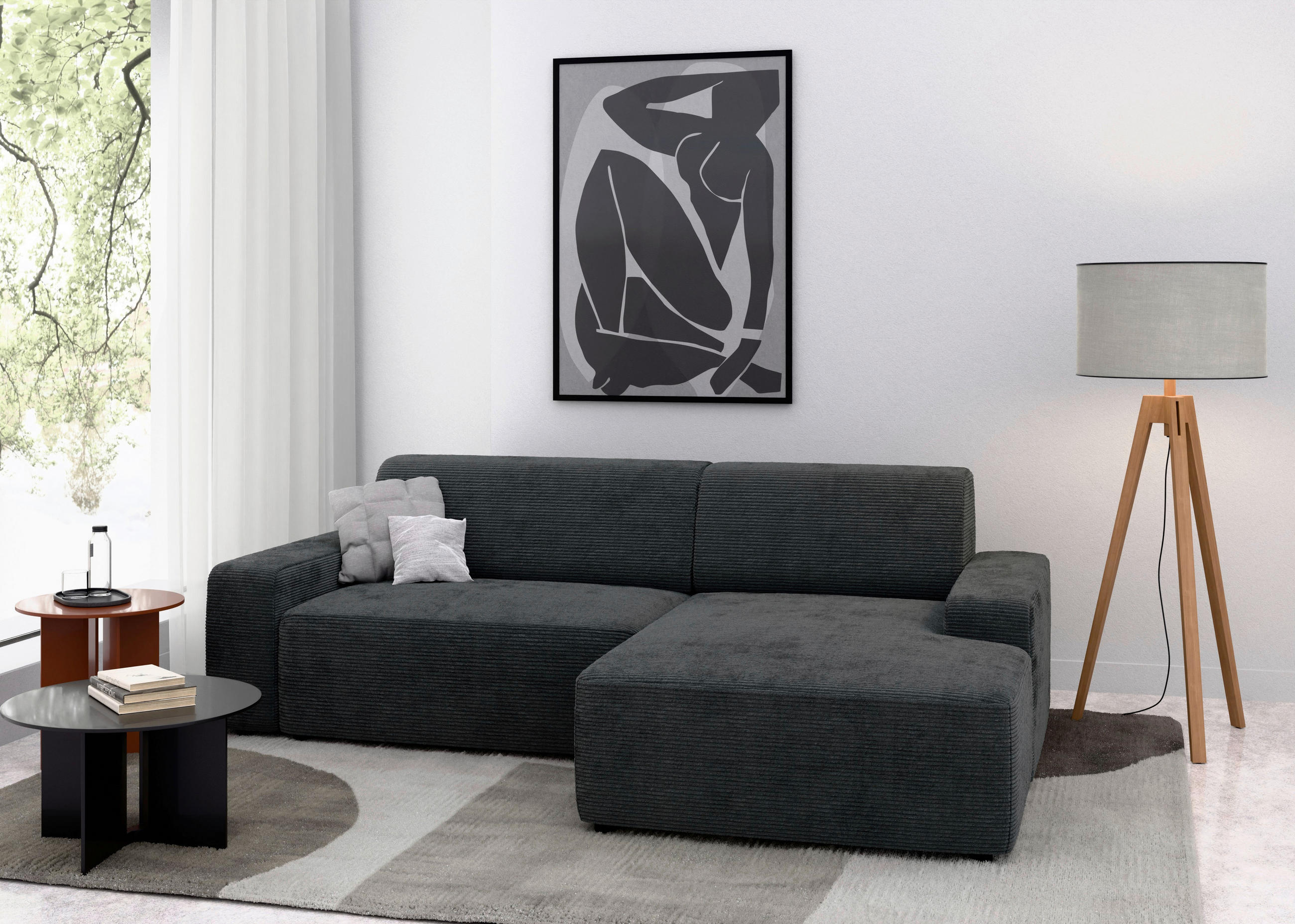 ECKSOFA in Cord Dunkelgrau  246/162 cm  - Dunkelgrau/Schwarz, MODERN, Kunststoff/Textil (246/162cm) - Trendmanufaktur