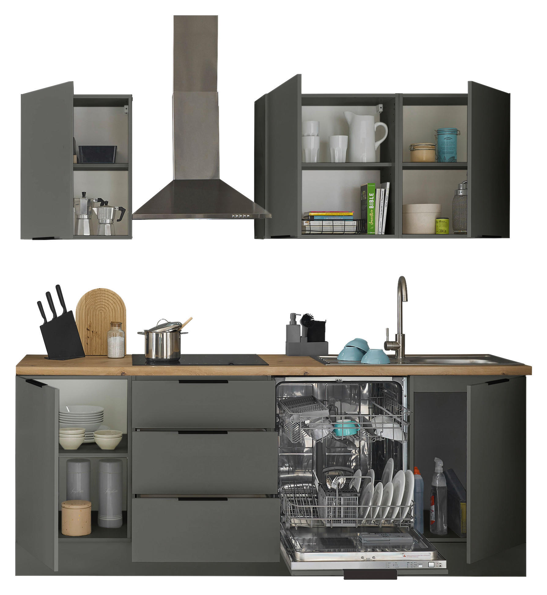 BUCĂTĂRIE FĂRĂ ELECTROCASNICE 220/211/60 cm  - stejar Artisan/grafit, Basics, metal/material pe bază de lemn (220/211/60cm) - Xora