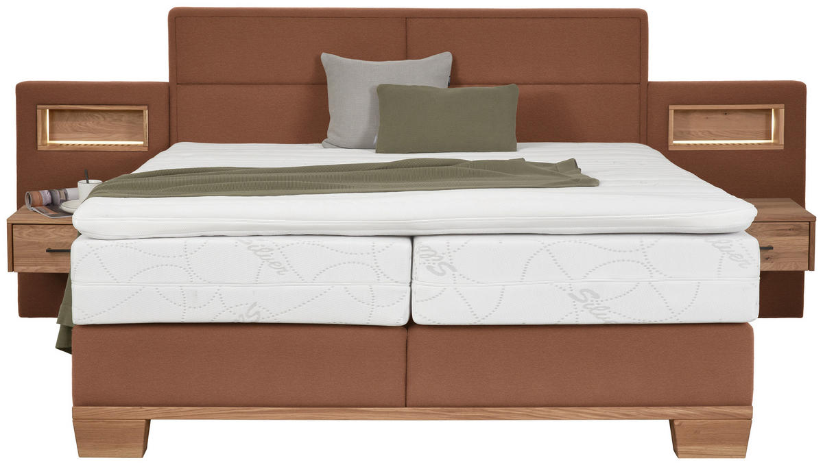 BOXSPRINGBETT 180/200 cm,  in Orange, Eichefarben, Matratze, Topper, unterschiedliche Matratzenhärtegrade je Bettseite, H3 + H4 = fest + sehr fest  - Eichefarben/Orange, Natur, Holz/Textil (180/200cm) - Valnatura