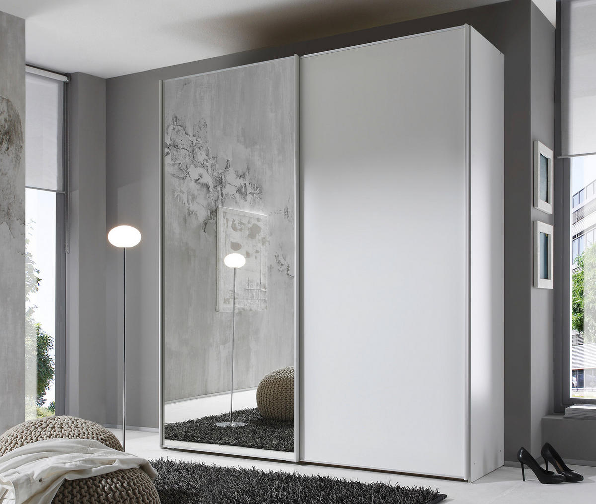 SCHWEBETÜRENSCHRANK in Weiss  - Weiss/Alufarben, Design, Glas/Holzwerkstoff (200/222/68cm) - Moderano