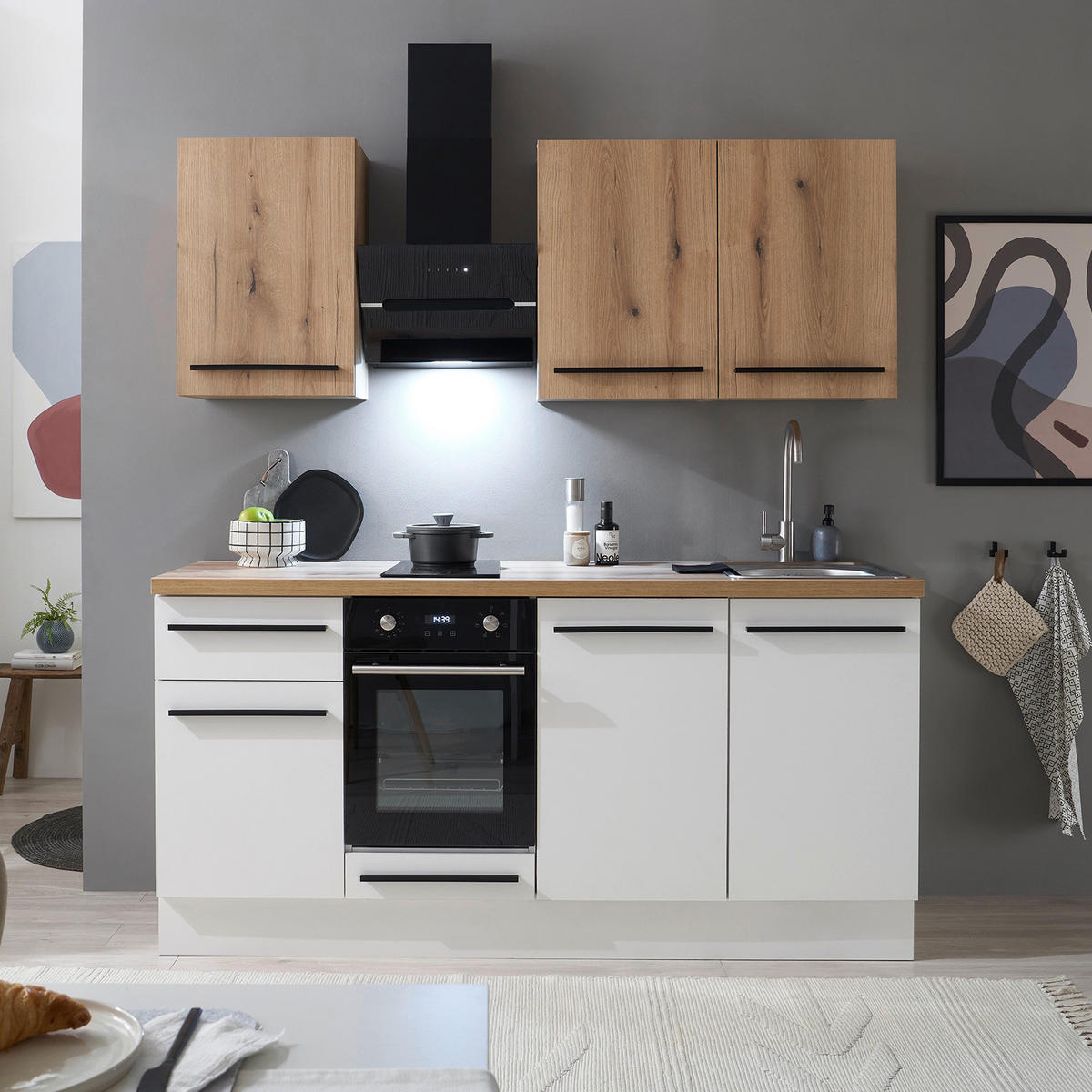 KÜCHENBLOCK 180 cm   in Weiß, Eichefarben  - Eichefarben/Schwarz, KONVENTIONELL, Holzwerkstoff/Kunststoff (180cm) - MID.YOU