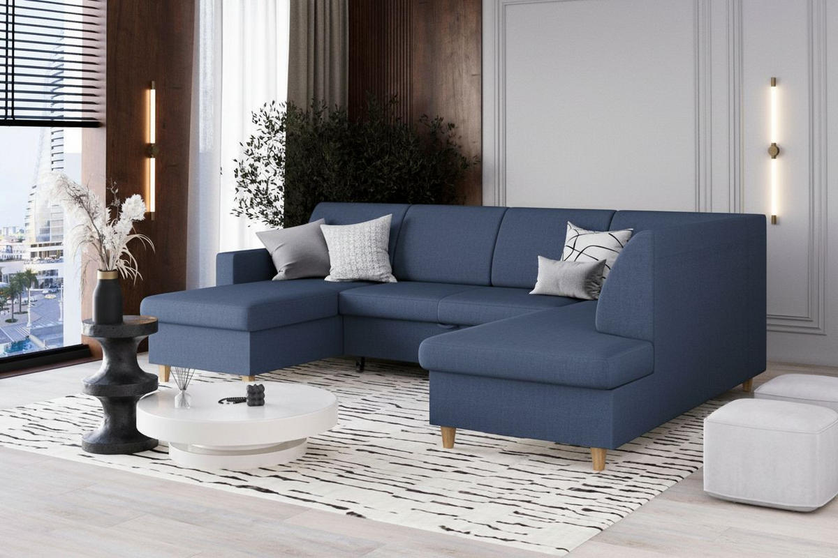 WOHNLANDSCHAFT Bouclé Blau  - Blau/Buchefarben, Design, Holz/Holzwerkstoff (310/160/145cm) - MID.YOU