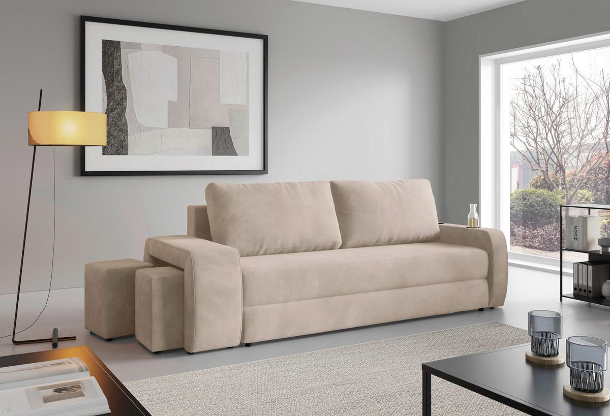 SCHLAFSOFA INES  mit Plüsch Beige  - Beige/Schwarz, Design, Kunststoff/Textil (258/98/95cm) - Livetastic