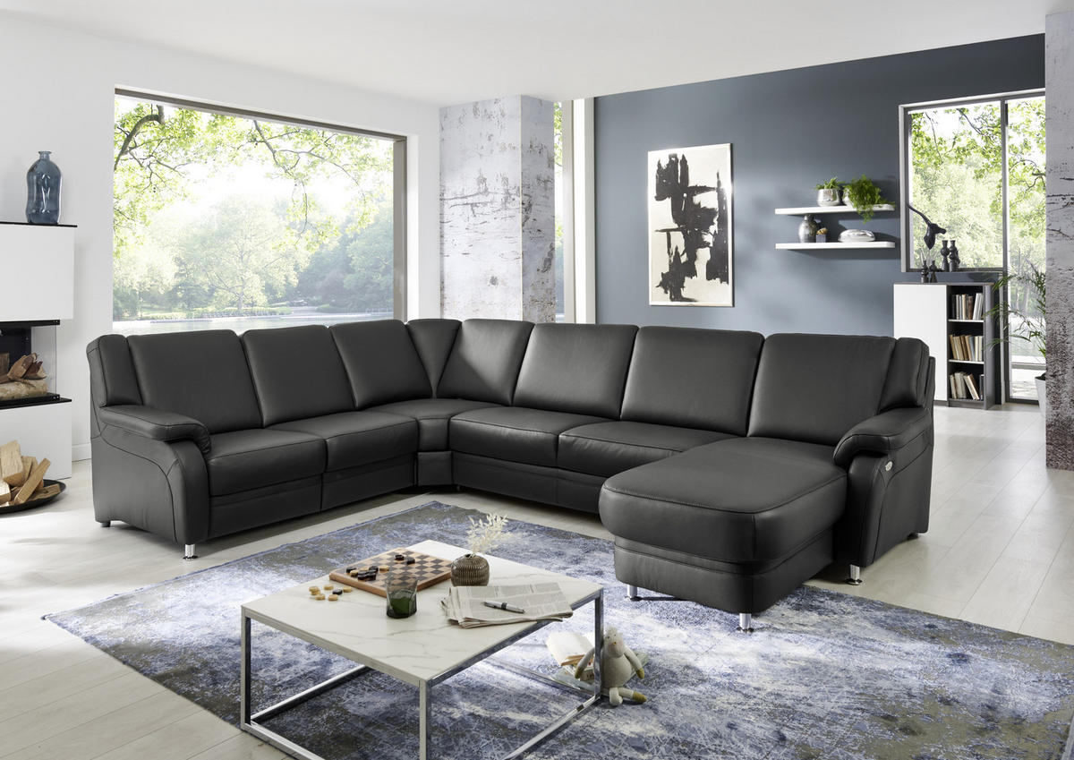 WOHNLANDSCHAFT in Echtleder Anthrazit  - Anthrazit/Alufarben, Konventionell, Leder/Metall (239/329/165cm) - Beldomo Premium
