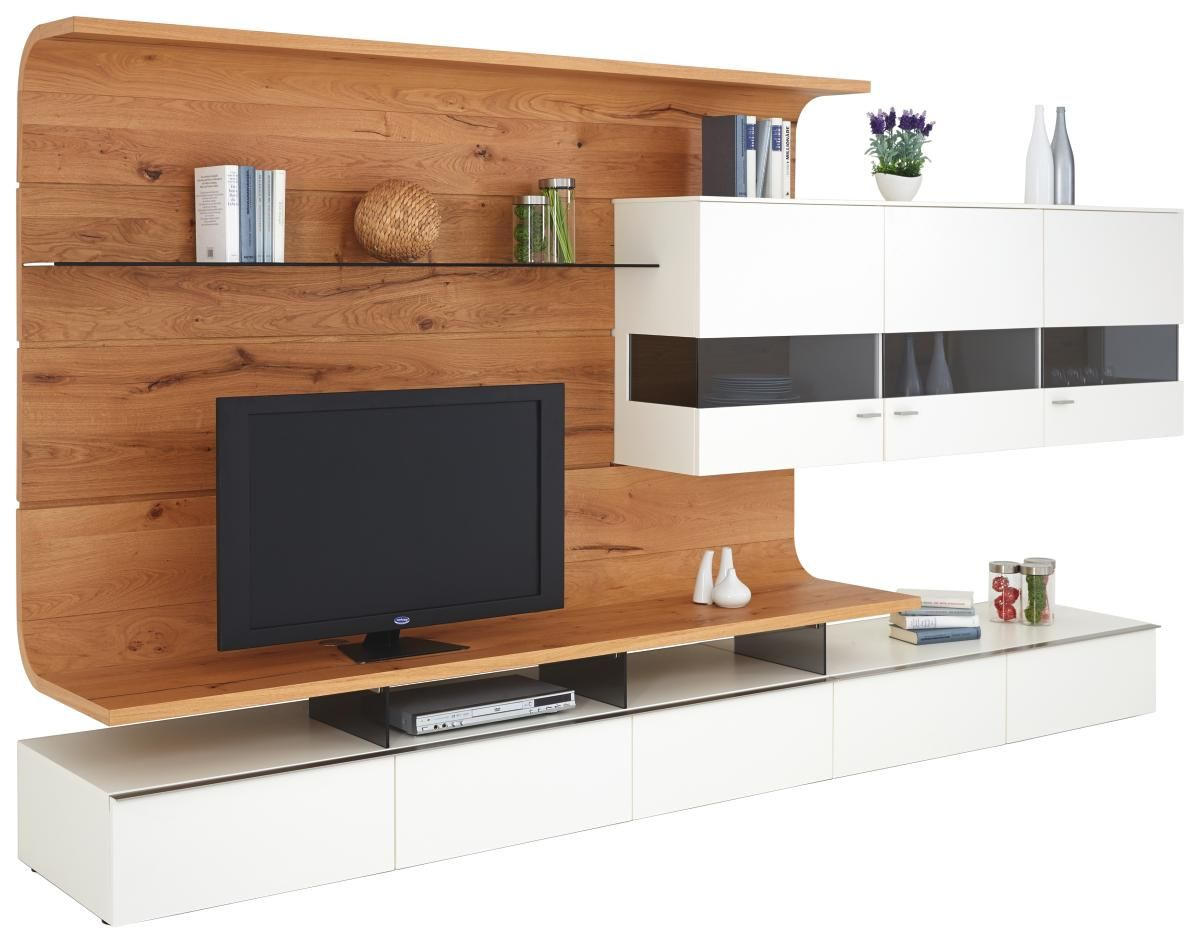 WOHNWAND Eiche furniert Weiß, Eichefarben, Honig Befestigungsmaterial - Edelstahlfarben/Eichefarben, Design, Glas/Holz - Moderano