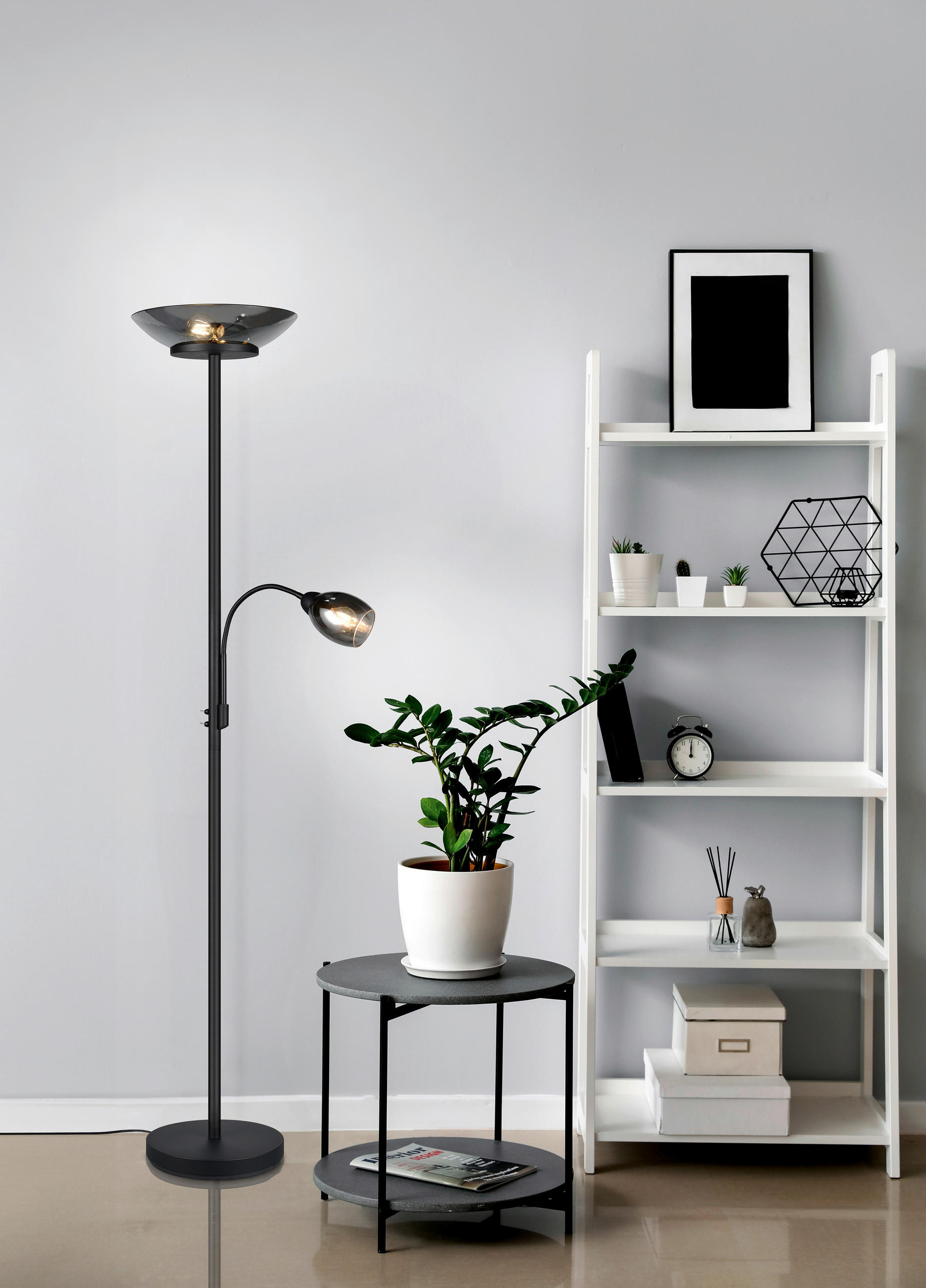 Thumbnail - Led-Deckenfluter, Schwarz, Schwarzchrom, Metall, Glas, 180 cm, getrennt schaltbar, Lesearm, mit Schalter, Lampen & Leuch...