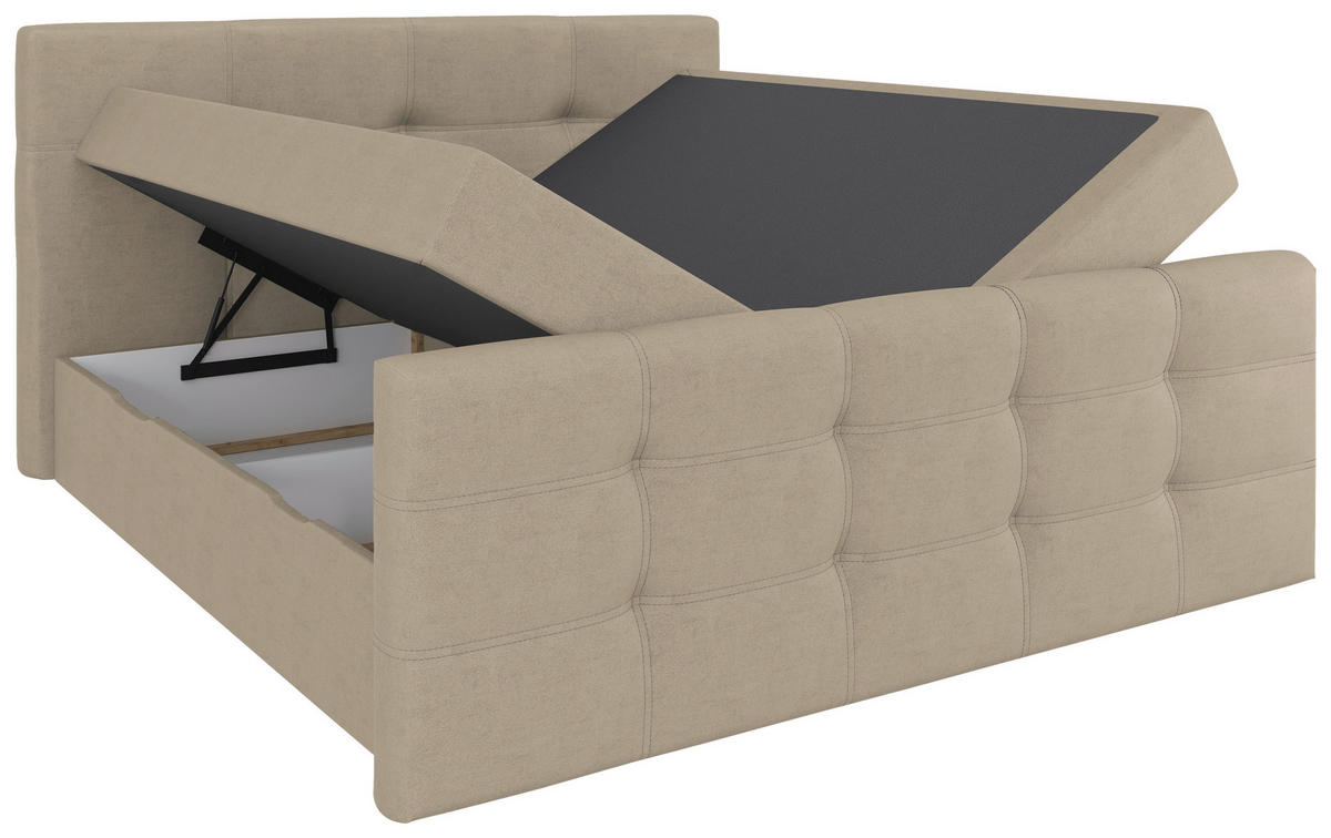 BOXBETT 180/200 cm,  in Beige, gepolstertes Kopfteil, Bettkasten, Topper, Matratzen, Wendematratze mit unterschiedlichen Härtegraden, H2 + H3 = mittel + fest  - Beige/Schwarz, Basics, Kunststoff/Textil (180/200cm) - Chameo