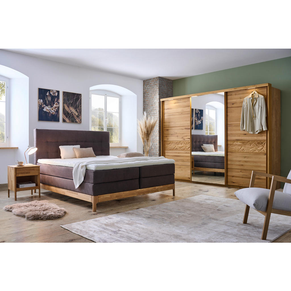 Thumbnail - Linea Natura Boxspringbett, Braun, Wildeiche, Textil, Wildeiche, massiv, H2 + H3, Höhe ca. 18 cm, 180x200 cm, gepolstert...