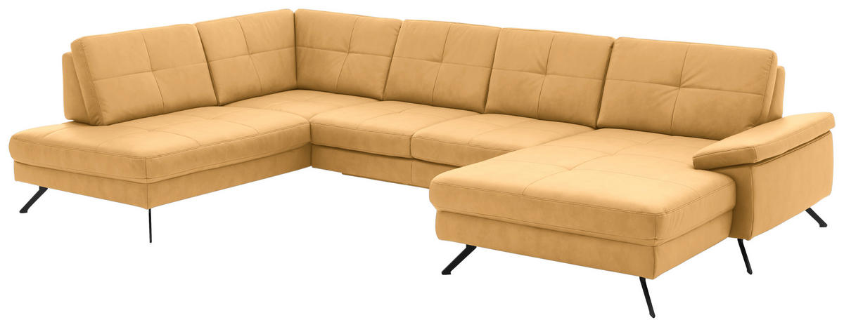 WOHNLANDSCHAFT in Lederlook, Mikrofaser Gelb  - Gelb/Schwarz, Design, Textil/Metall (220/345cm) - Beldomo System
