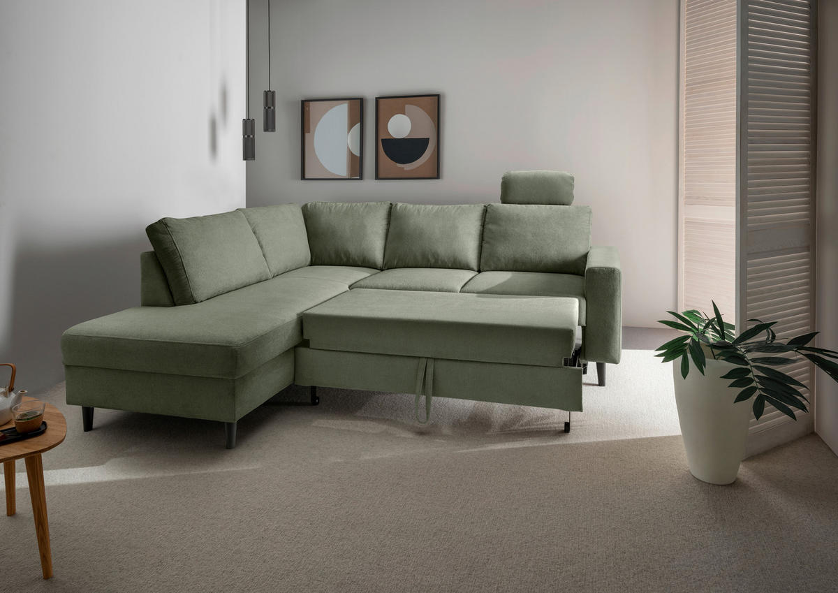 ECKSCHLAFSOFA Dunkelgrün Chenille  - Dunkelgrün/Schwarz, MODERN, Holz/Textil (200/242cm) - Livetastic