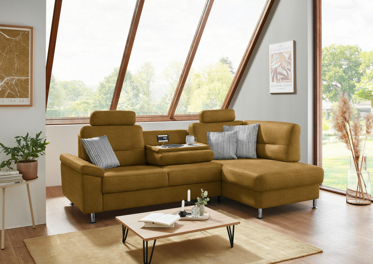 ECKSOFA  in Flachgewebe Currygelb  244/160 cm  - Currygelb/Alufarben, KONVENTIONELL, Textil/Metall (244/160cm) - Beldomo Comfort