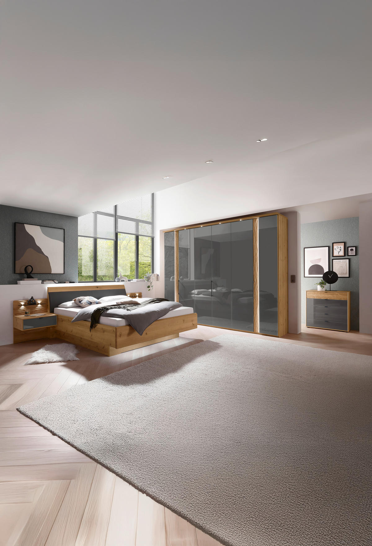 BETTANLAGE 180/200 cm  in Eiche Bianco, Lavagrau   - Eiche Bianco/Lavagrau, Design, Glas/Holz (180/200cm) - Dieter Knoll