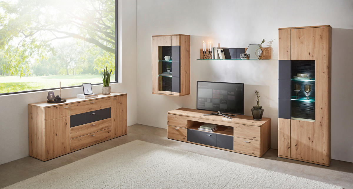 VITRINE  in Graphitfarben, Eiche Artisan - Graphitfarben/Eiche Artisan, KONVENTIONELL, Glas/Holzwerkstoff (70/200/38cm) - Xora