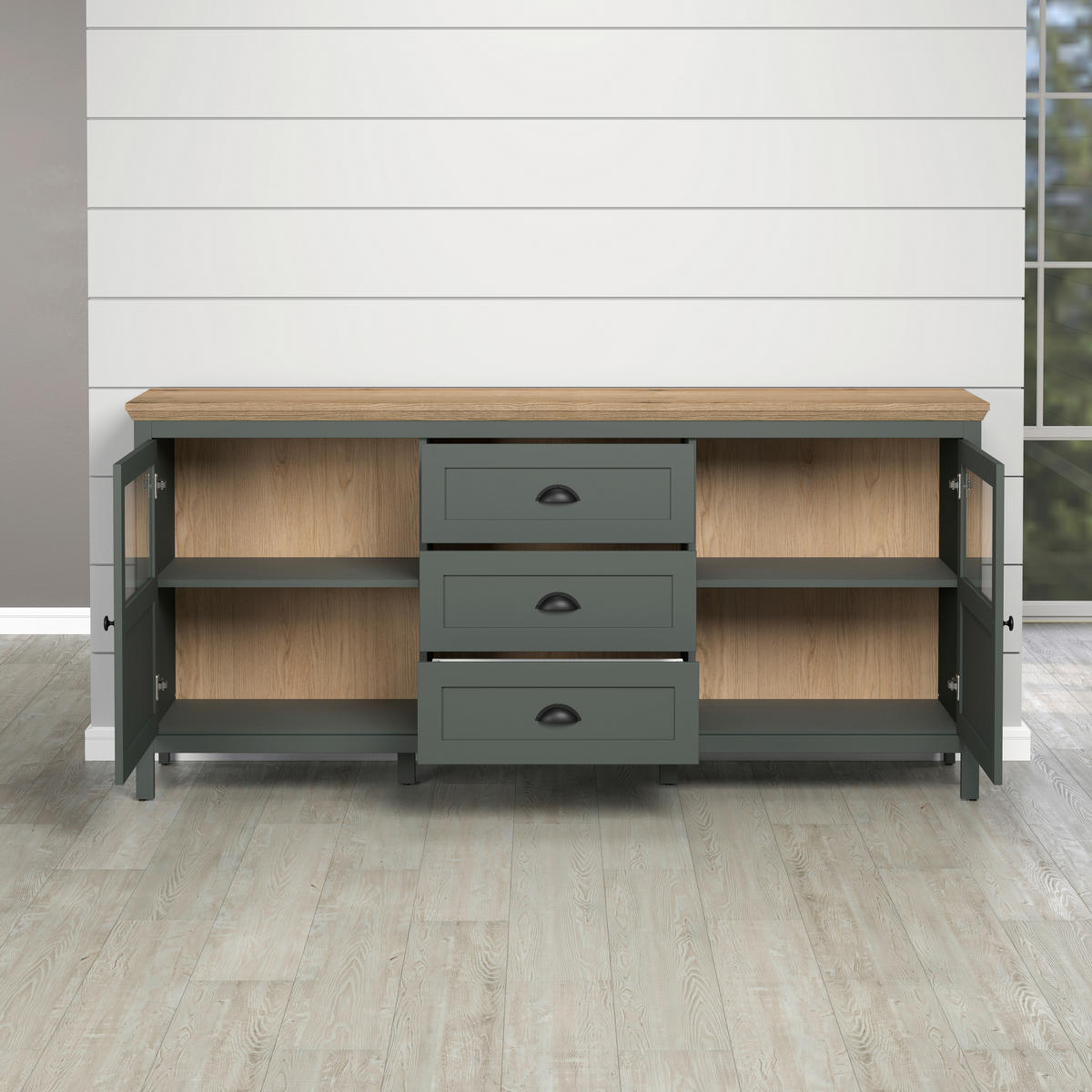 SIDEBOARD STANTON 185/86/45 cm 3 Schublade(n)  - Waldgrün/Schwarz, Design, Glas/Holzwerkstoff (185/86/45cm) - MID.YOU