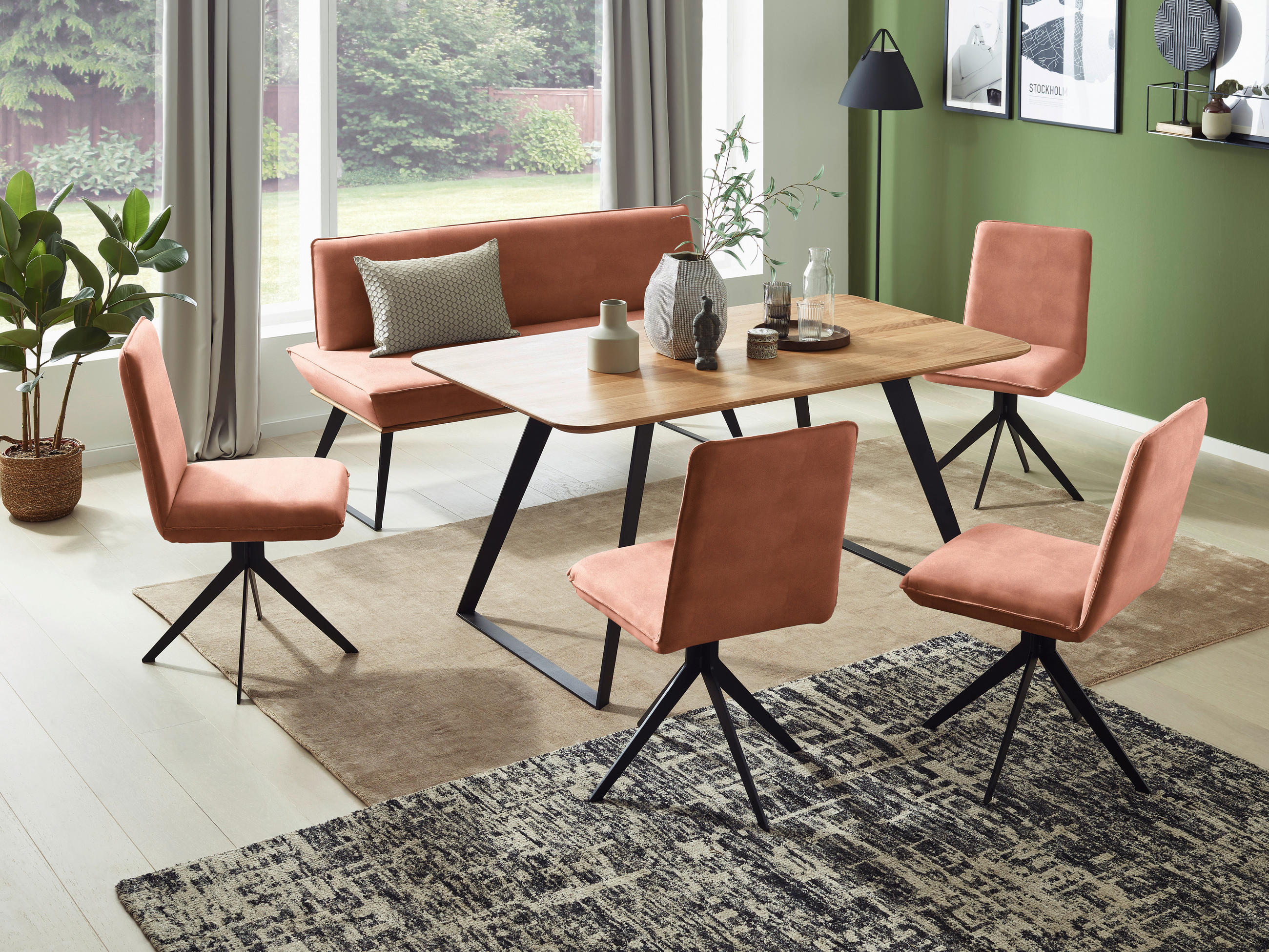 SITZBANK 140/87/64 cm Lederlook Schwarz, Eichefarben, Rotbraun Eiche massiv Metall  - Rotbraun/Eichefarben, Design, Holz/Textil (140/87/64cm) - Voleo