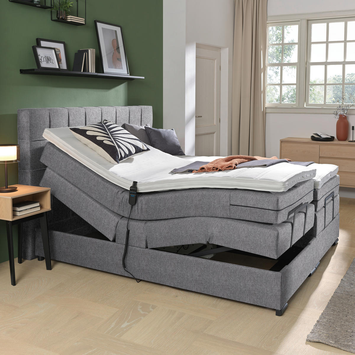 BOXSPRINGBETT 180/200 cm  in Hellgrau  - Hellgrau/Schwarz, KONVENTIONELL, Holz/Holzwerkstoff (180/200cm) - Moderano
