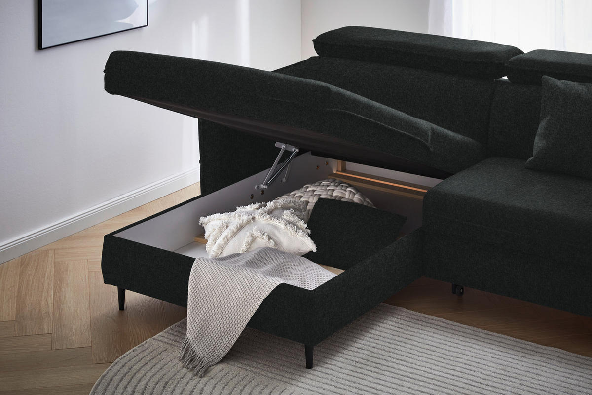 ECKSOFA in Samt Schwarz  - Schwarz, Design, Holz/Textil (185/232cm) - Stylife