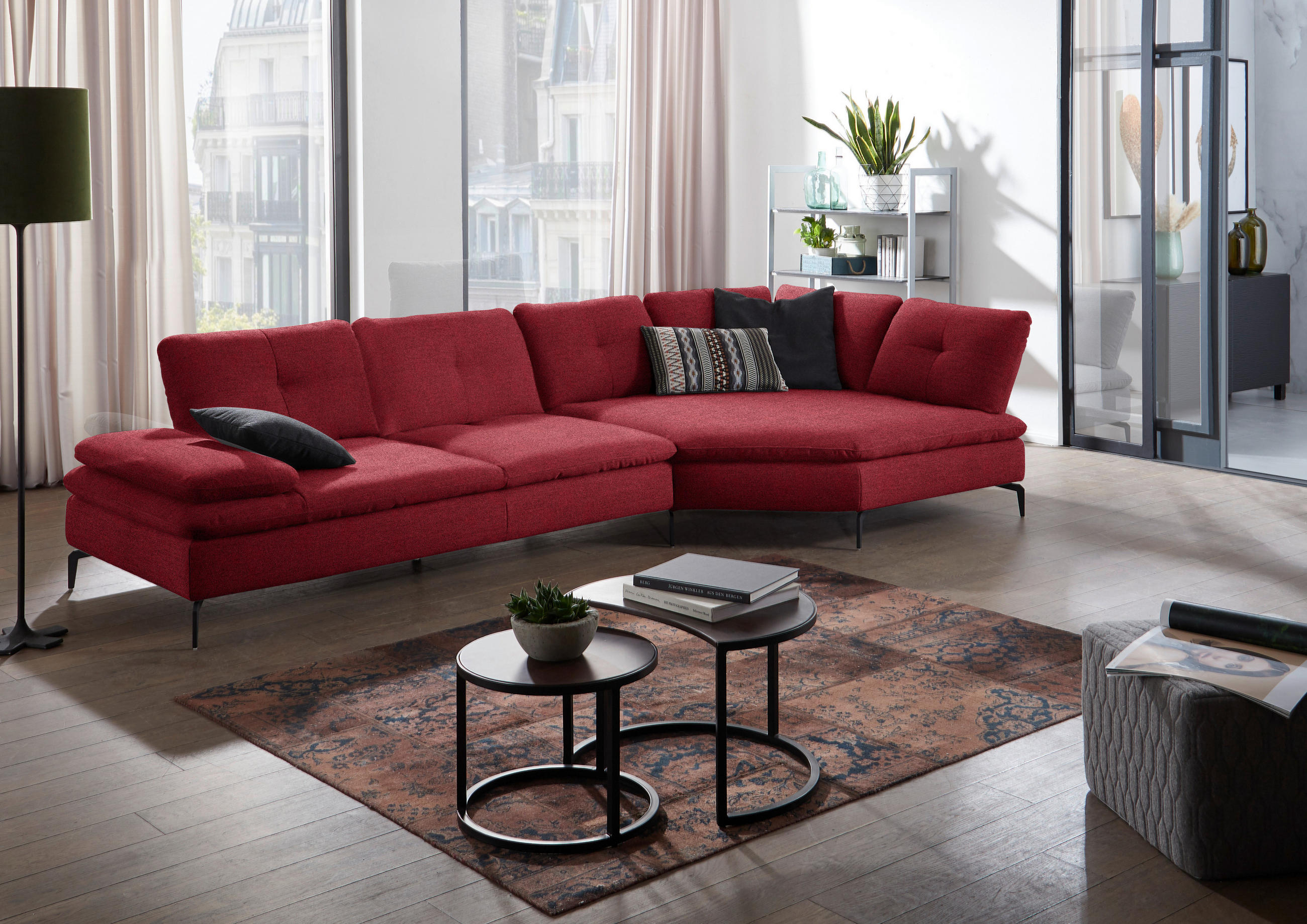 ECKSOFA in Flachgewebe Bordeaux  - Bordeaux/Schwarz, Design, Textil/Metall (344/157cm) - Chilliano