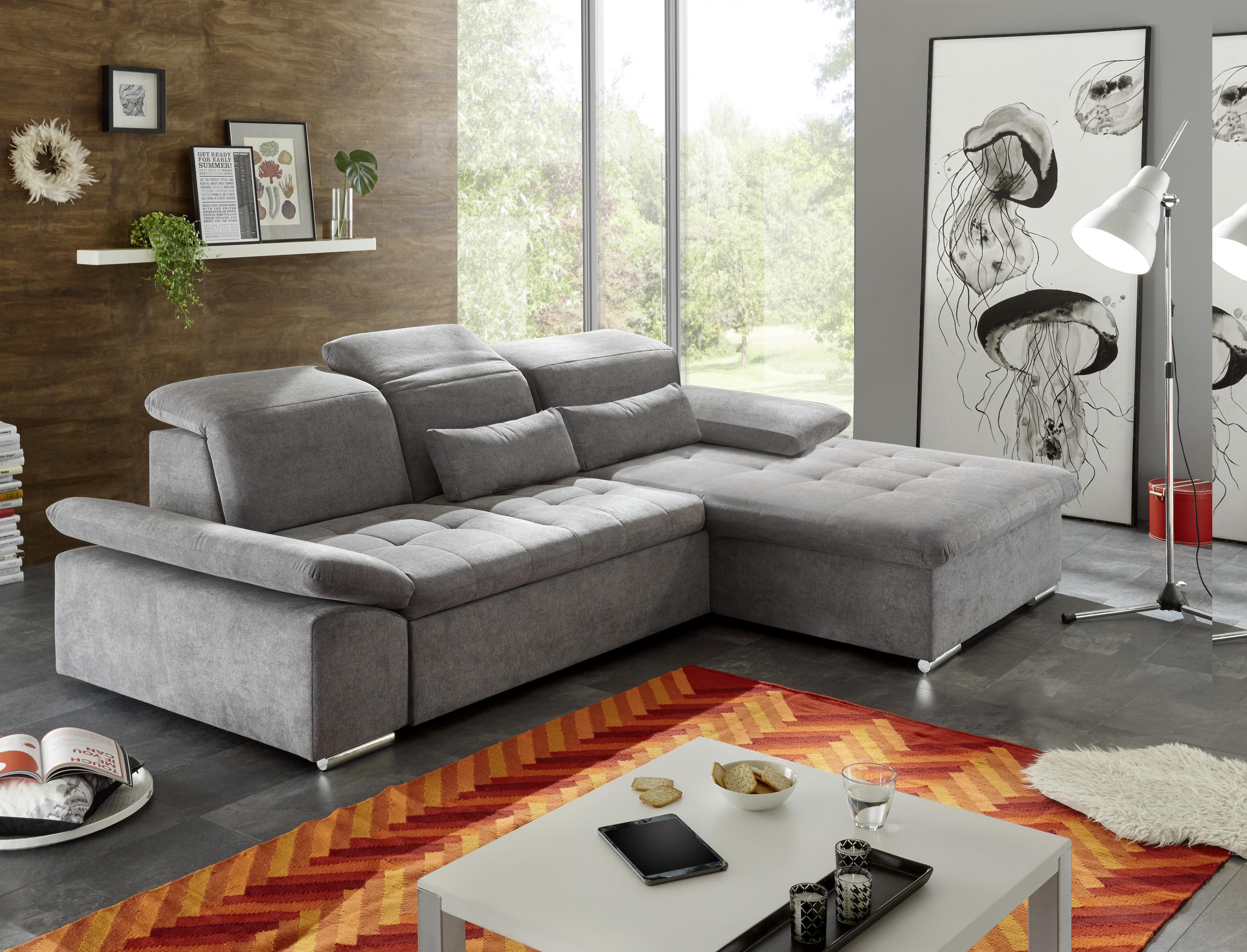 ECKSOFA Grau Mikrovelours  - Silberfarben/Grau, KONVENTIONELL, Kunststoff/Textil (276/188cm) - MID.YOU